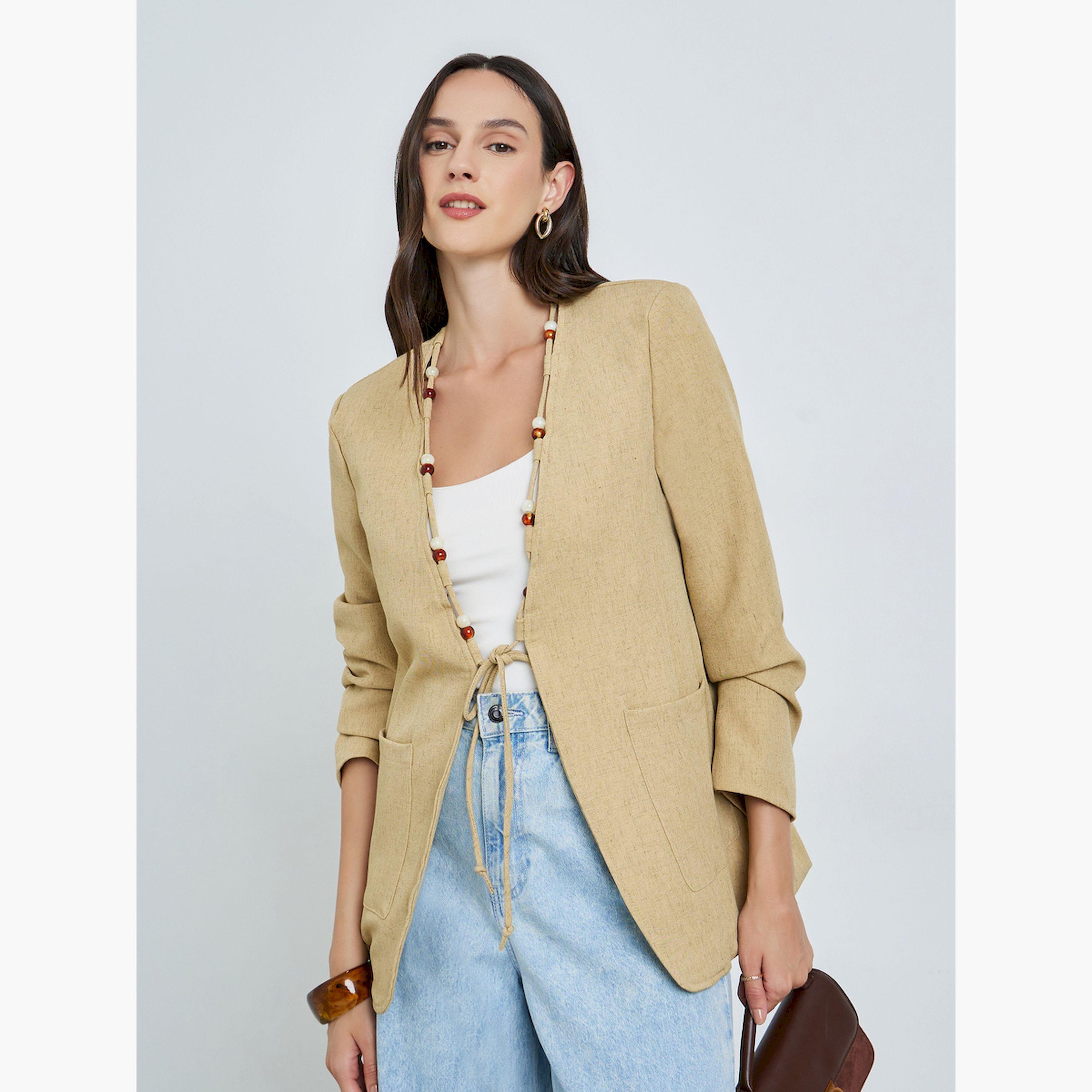 Take Two Women's Solid Pocket Detail Beaded Decor Neck Long Sleeve Jacket-women-winterwear-coatsandjackets-jackets-image-3
