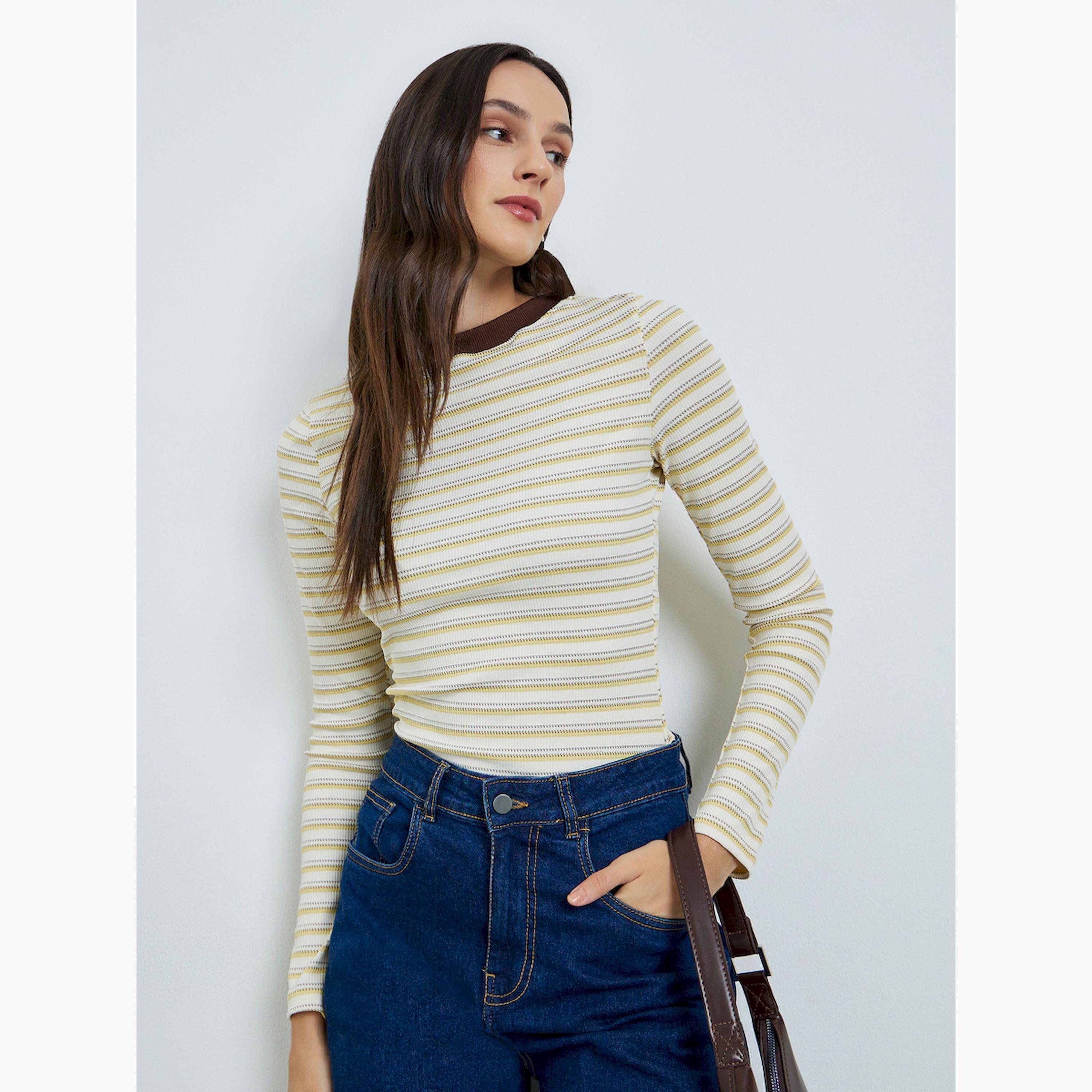 تيك تو × ستايلي - بلوزة نسائية مخططة أكمام طويلة ورقبة دائرية-women-clothing-tshirts-image-3