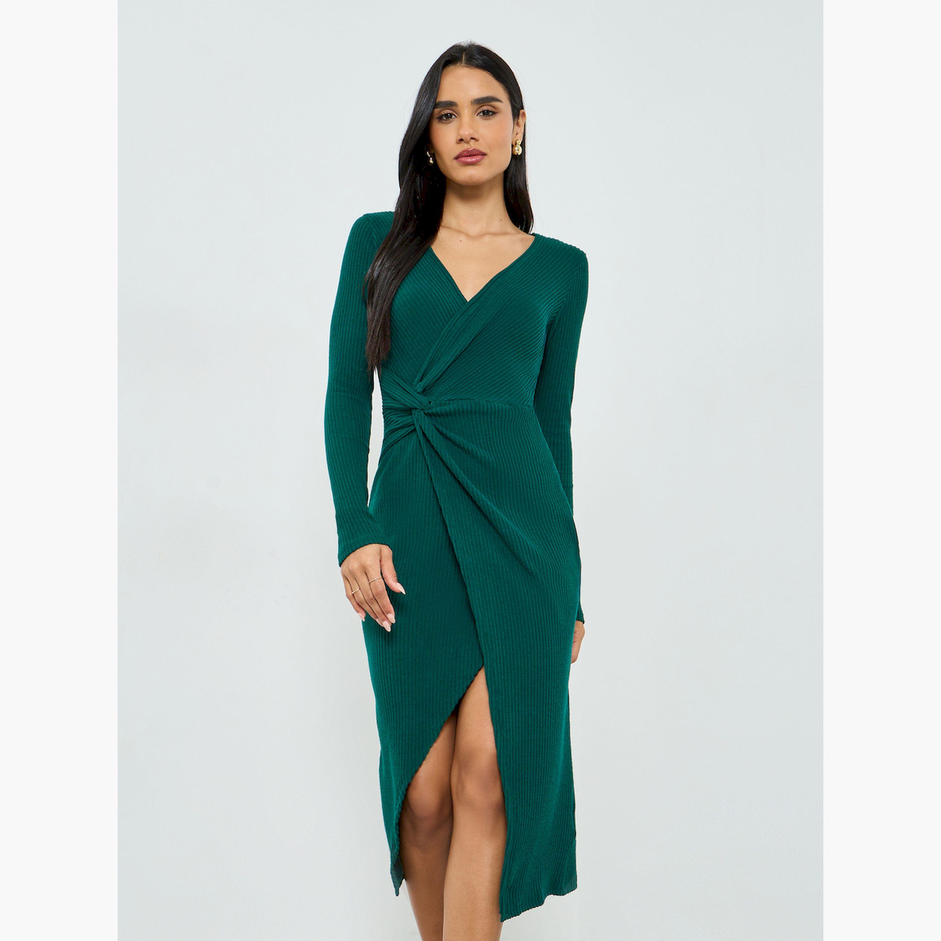تيك تو × ستايلي - فستان ميدي أخضر ملفوف من الأمام-women-clothing-dresses-image-1
