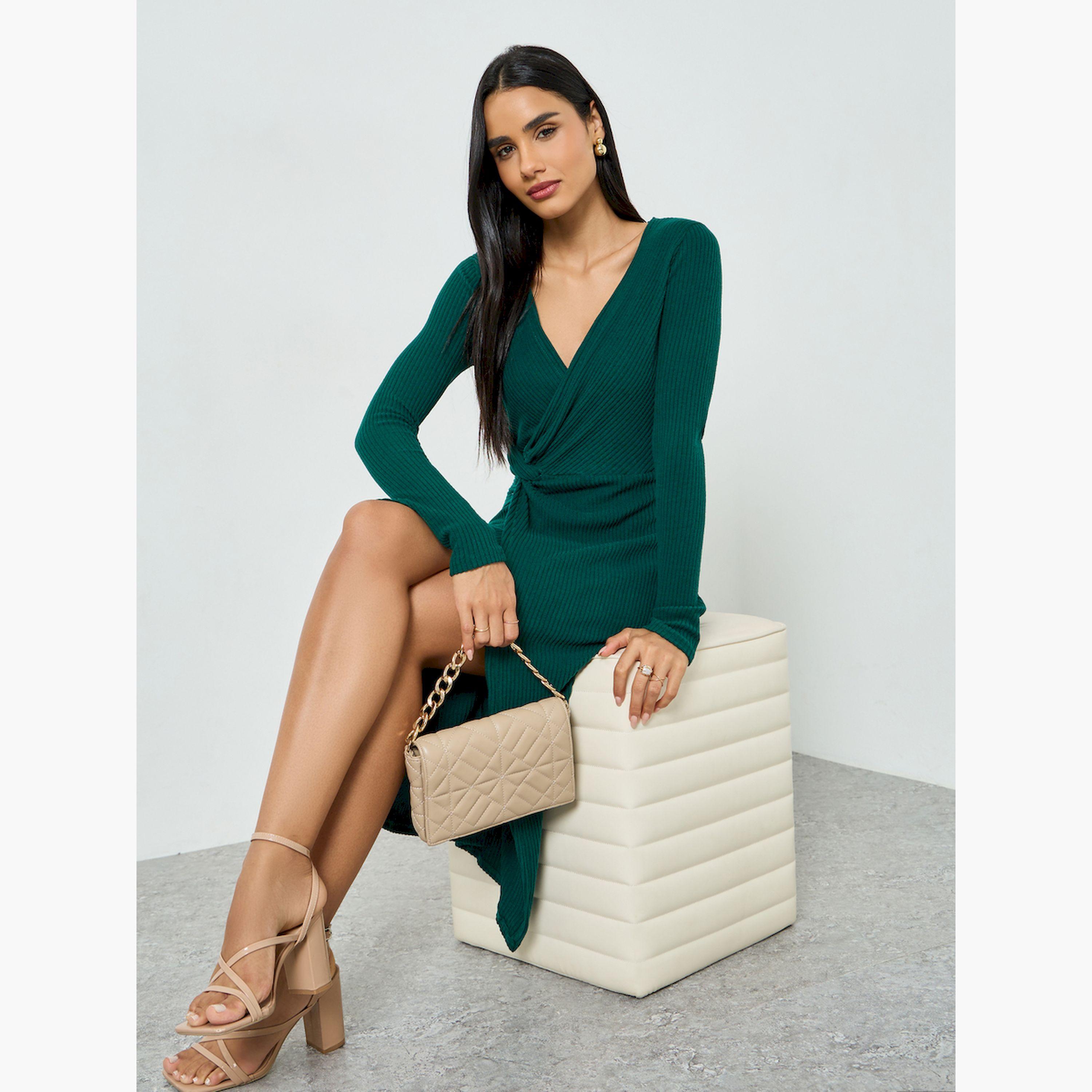 تيك تو × ستايلي - فستان ميدي أخضر ملفوف من الأمام-women-clothing-dresses-image-3