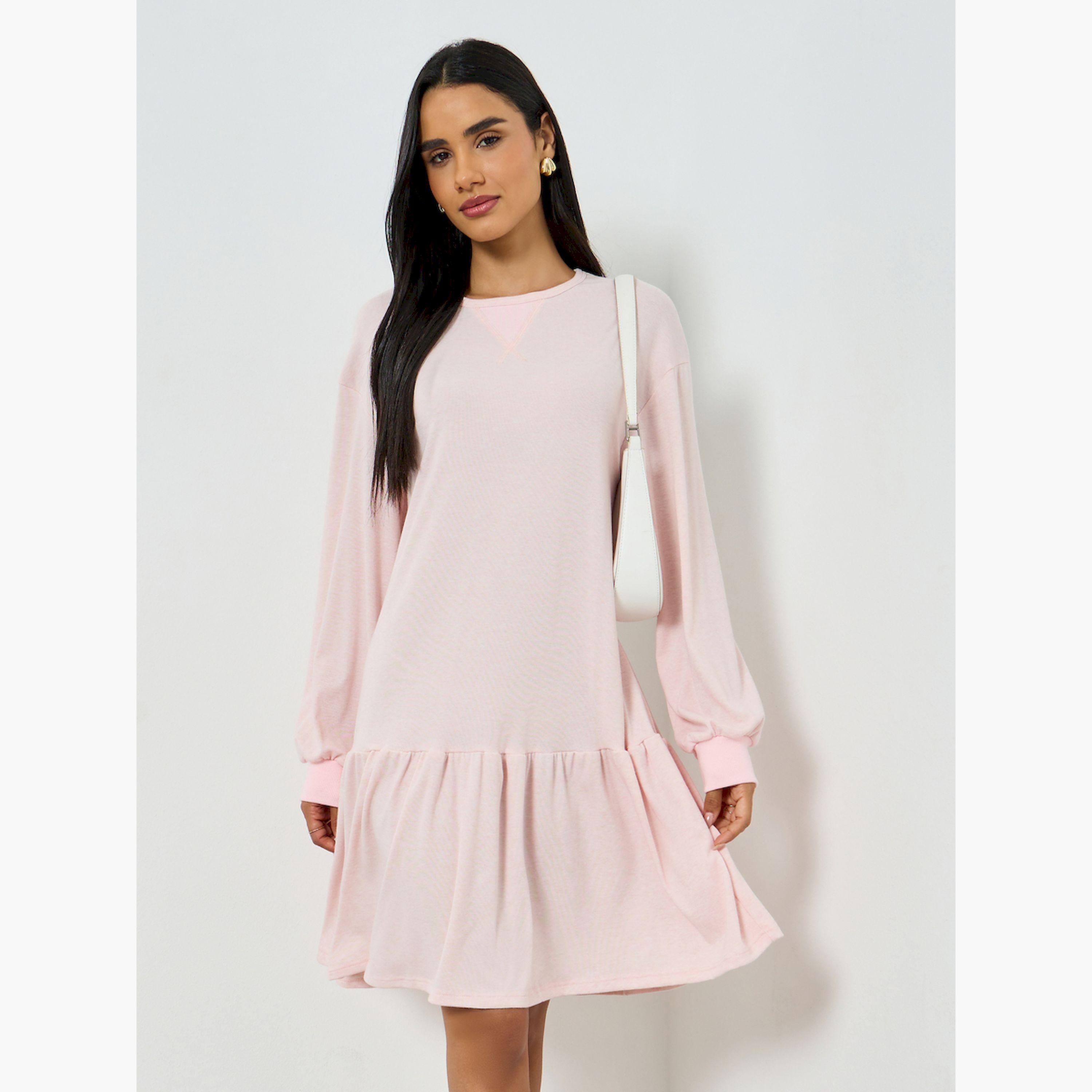 تيك تو × ستايلي - فستان قصير لون وردي فاتح سادة بأكمام طويلة-women-clothing-dresses-image-1