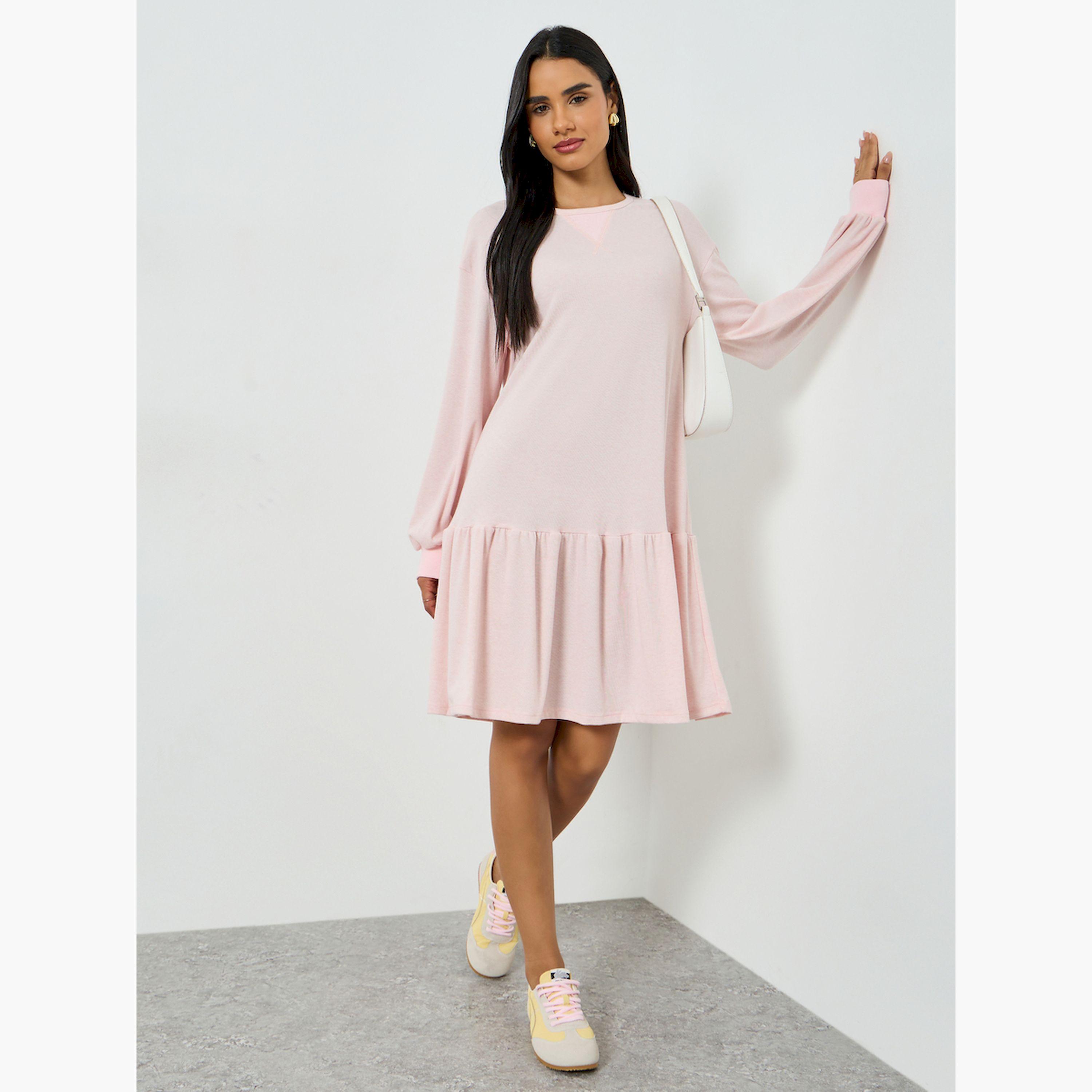 تيك تو × ستايلي - فستان قصير لون وردي فاتح سادة بأكمام طويلة-women-clothing-dresses-image-2