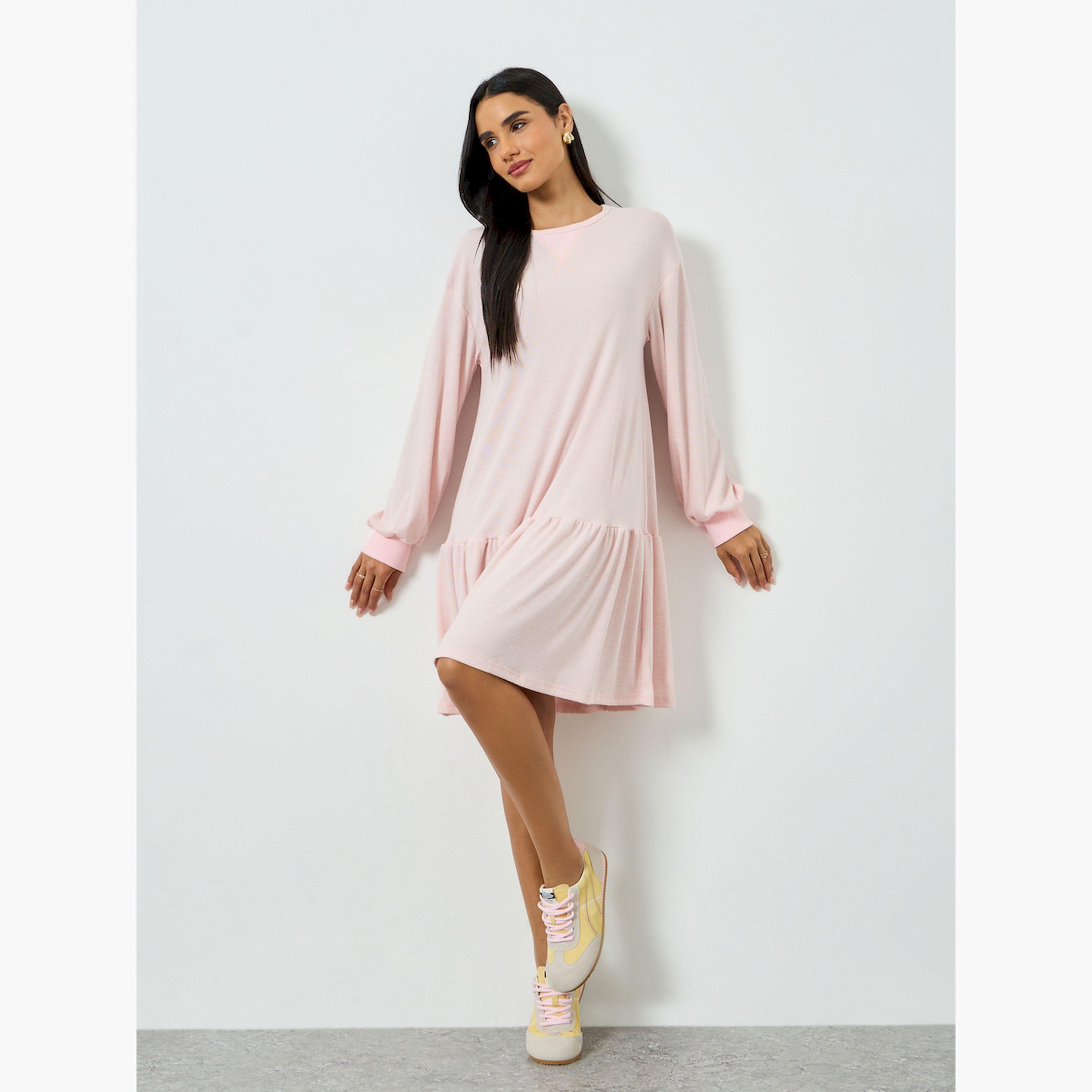 تيك تو × ستايلي - فستان قصير لون وردي فاتح سادة بأكمام طويلة-women-clothing-dresses-image-3
