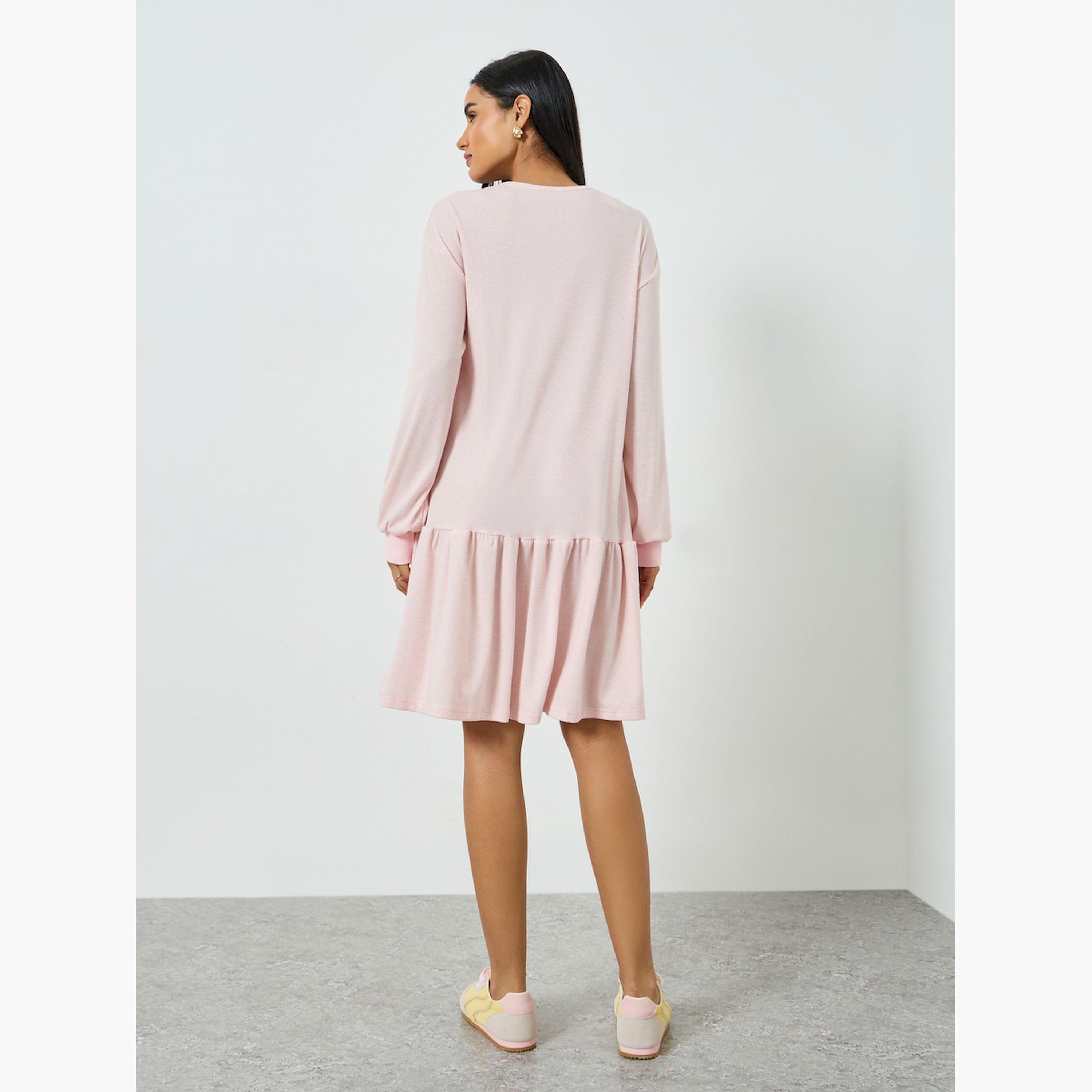 تيك تو × ستايلي - فستان قصير لون وردي فاتح سادة بأكمام طويلة-women-clothing-dresses-image-5