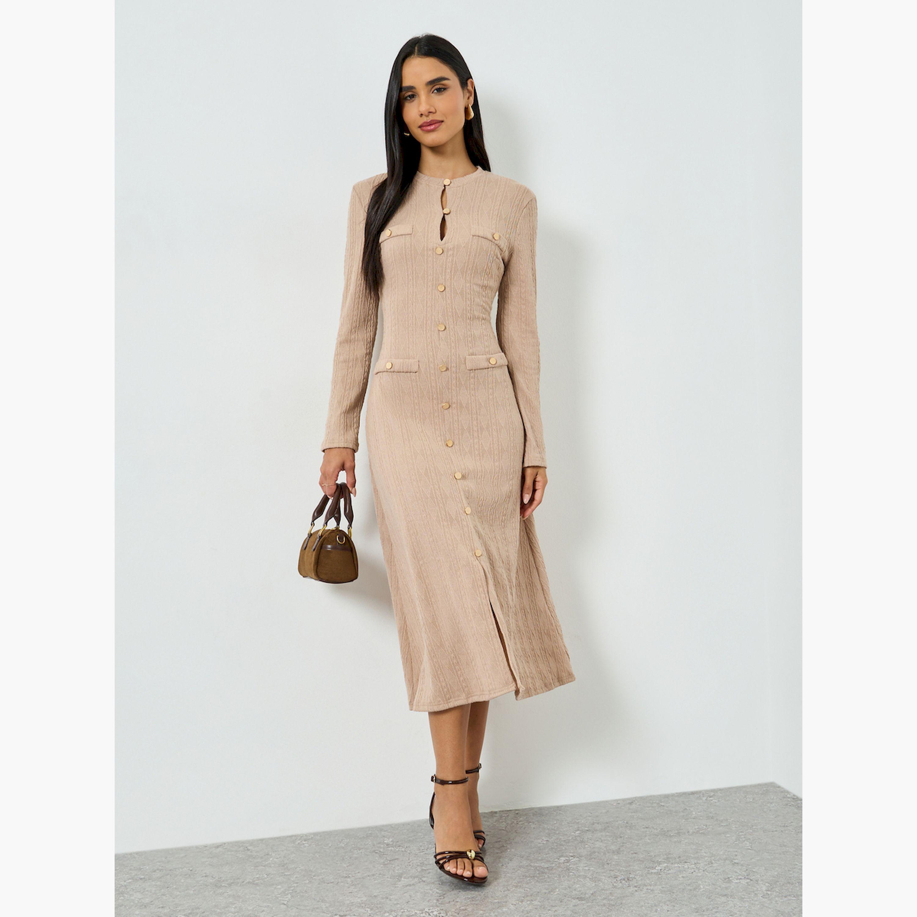تيك تو × ستايلي - فستان ميدي لون بني فاتح نقشة مميزة وتفاصيل أزرار-women-clothing-dresses-image-1