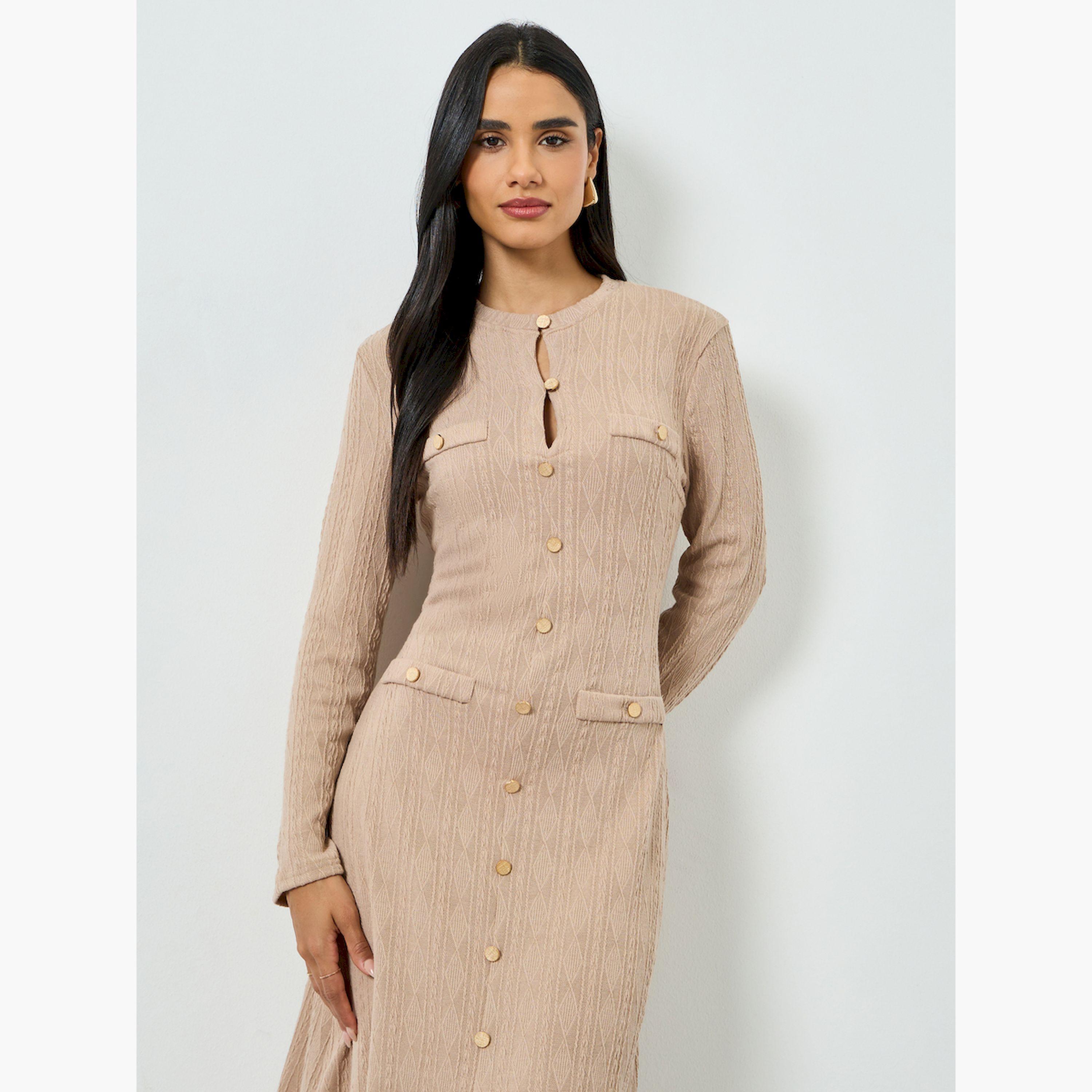 تيك تو × ستايلي - فستان ميدي لون بني فاتح نقشة مميزة وتفاصيل أزرار-women-clothing-dresses-image-3