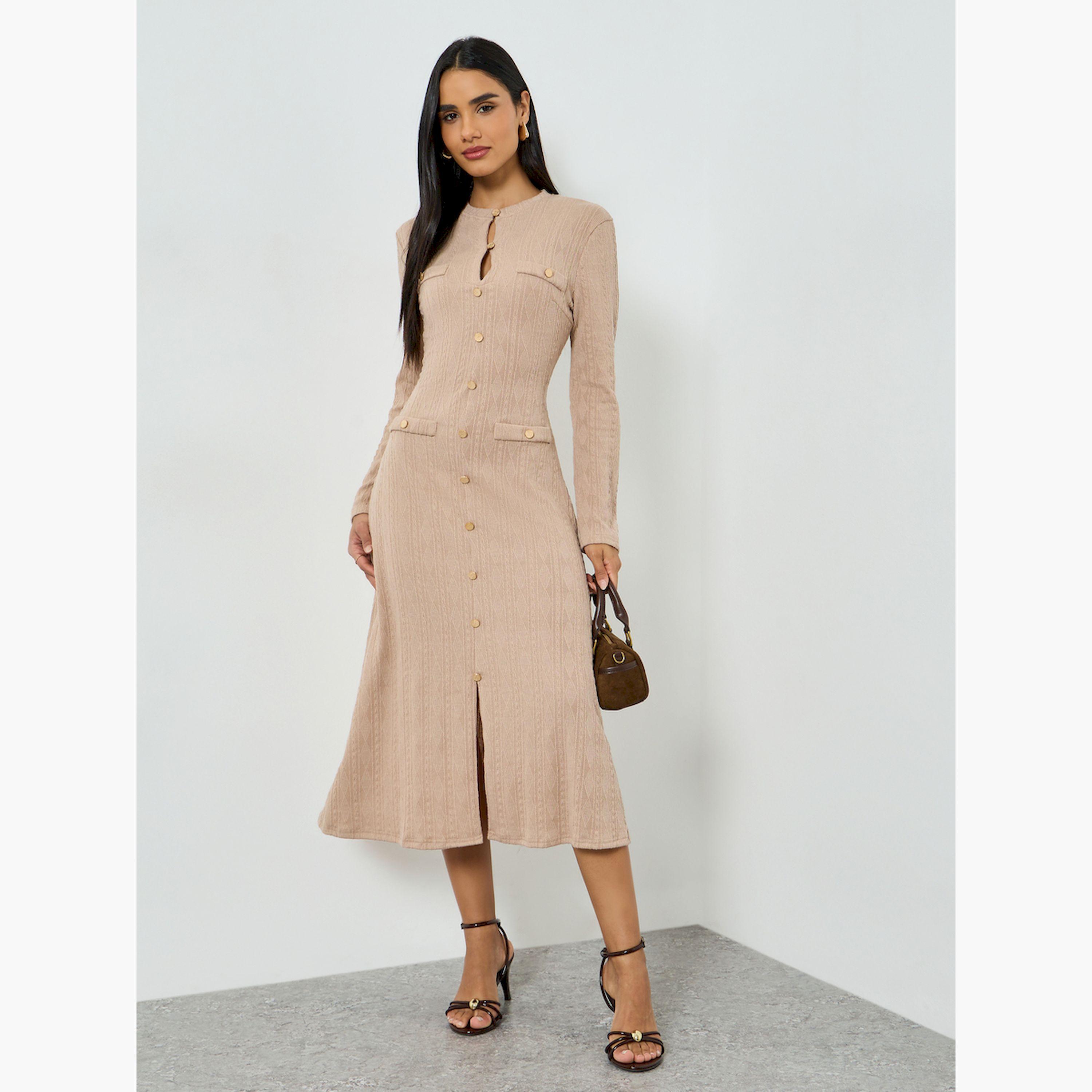 تيك تو × ستايلي - فستان ميدي لون بني فاتح نقشة مميزة وتفاصيل أزرار-women-clothing-dresses-image-4