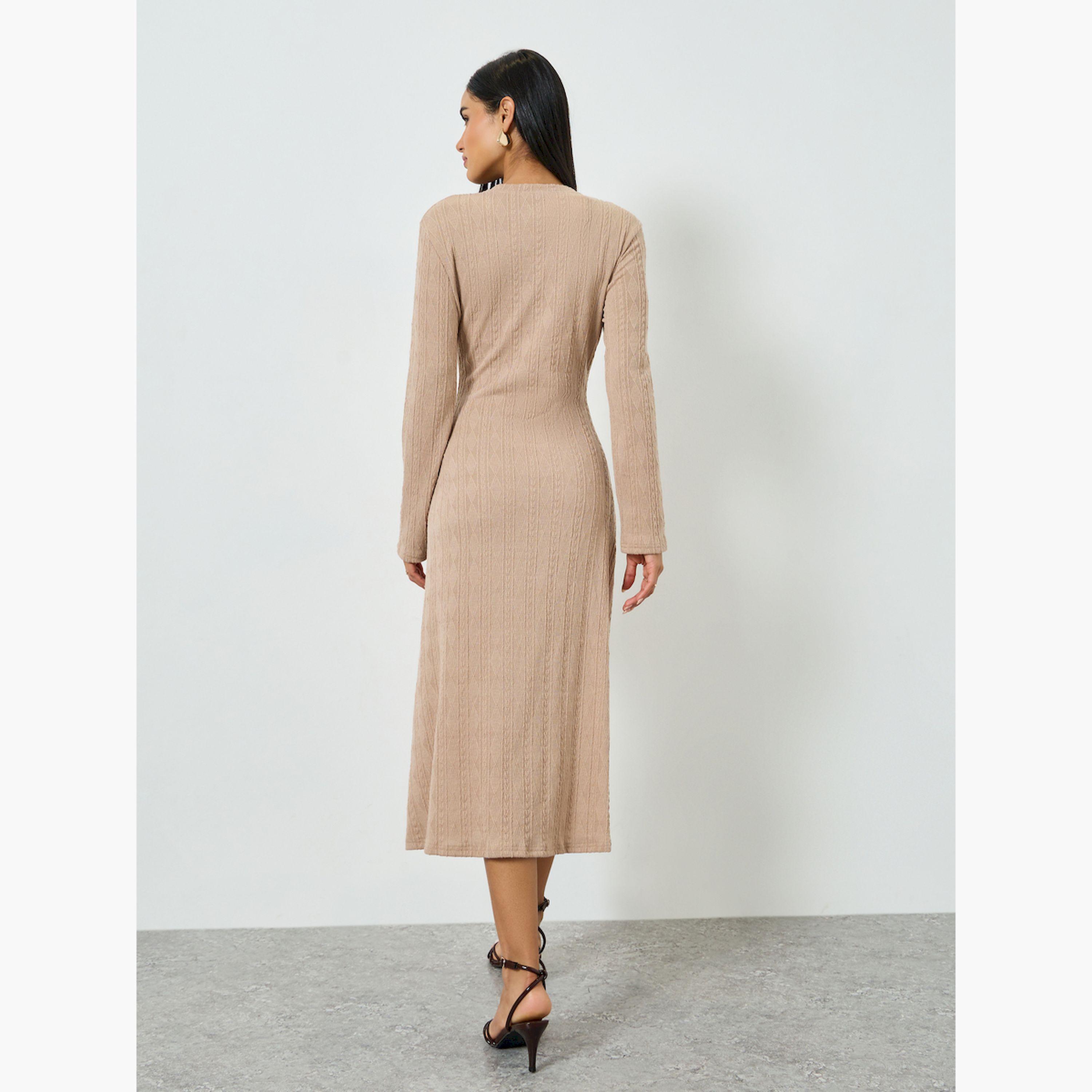 تيك تو × ستايلي - فستان ميدي لون بني فاتح نقشة مميزة وتفاصيل أزرار-women-clothing-dresses-image-6