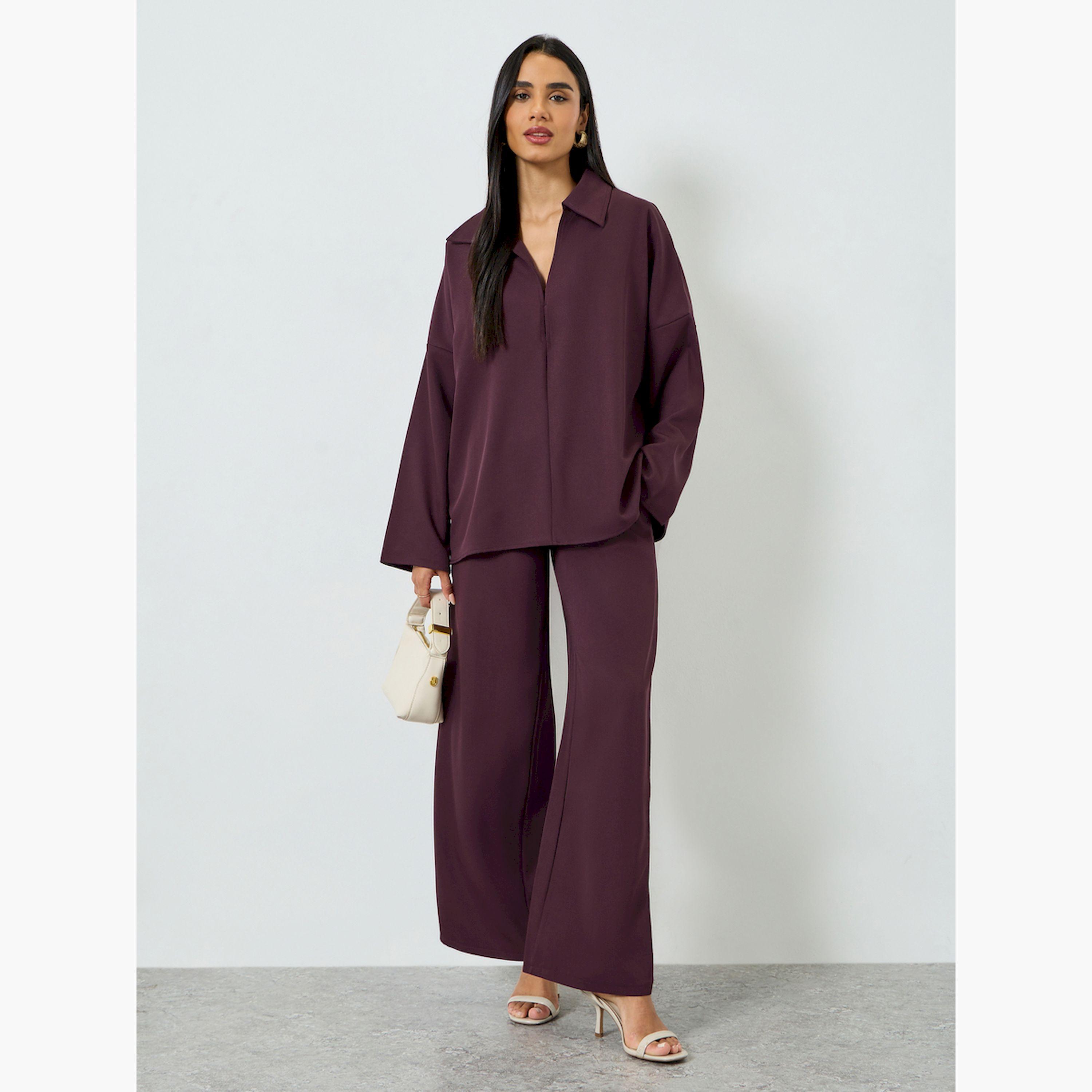 تيك تو × ستايلي - طقم بلوزة فضفاضة وبنطال واسع الساقين لون برغندي-women-clothing-coordsets-image-1