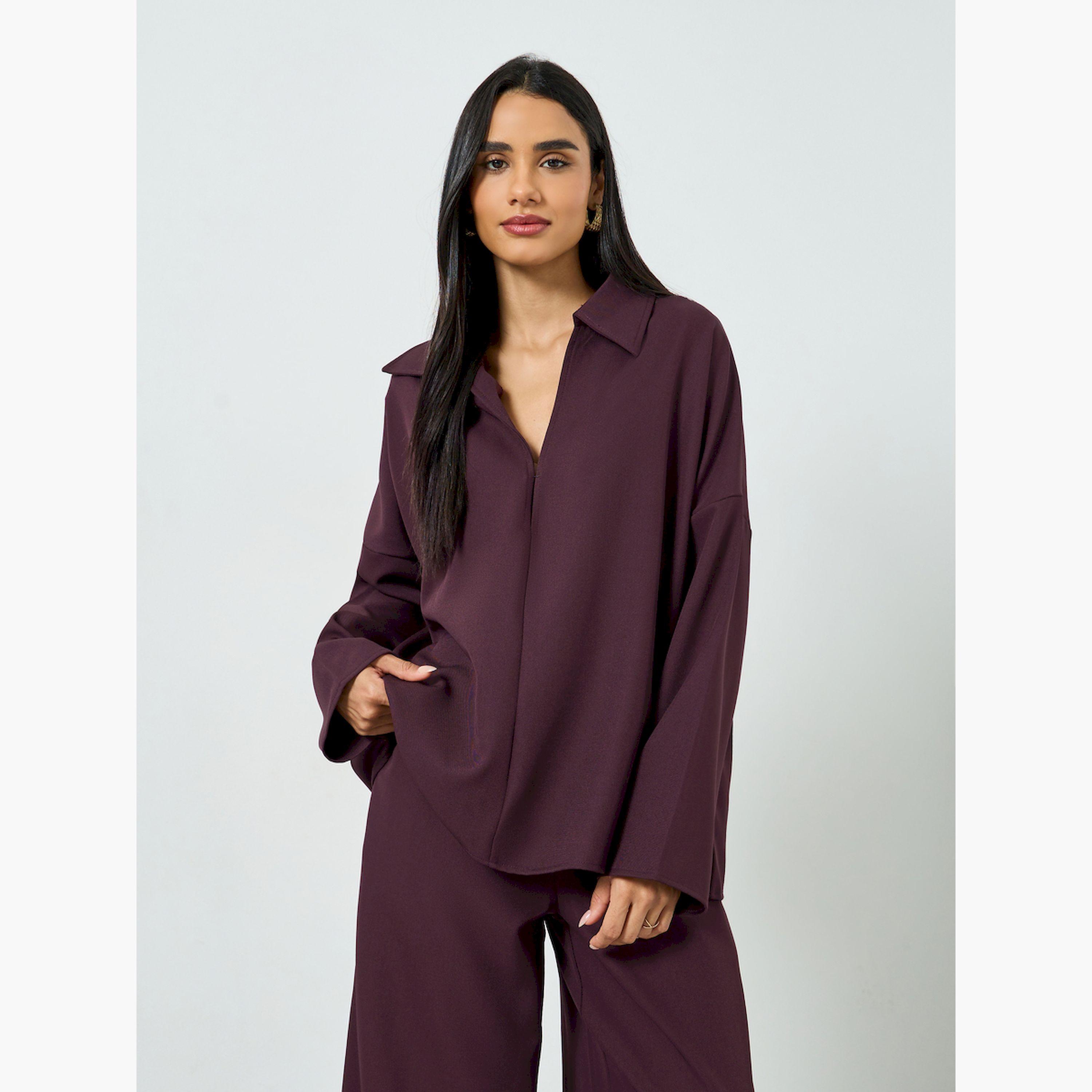 تيك تو × ستايلي - طقم بلوزة فضفاضة وبنطال واسع الساقين لون برغندي-women-clothing-coordsets-image-2
