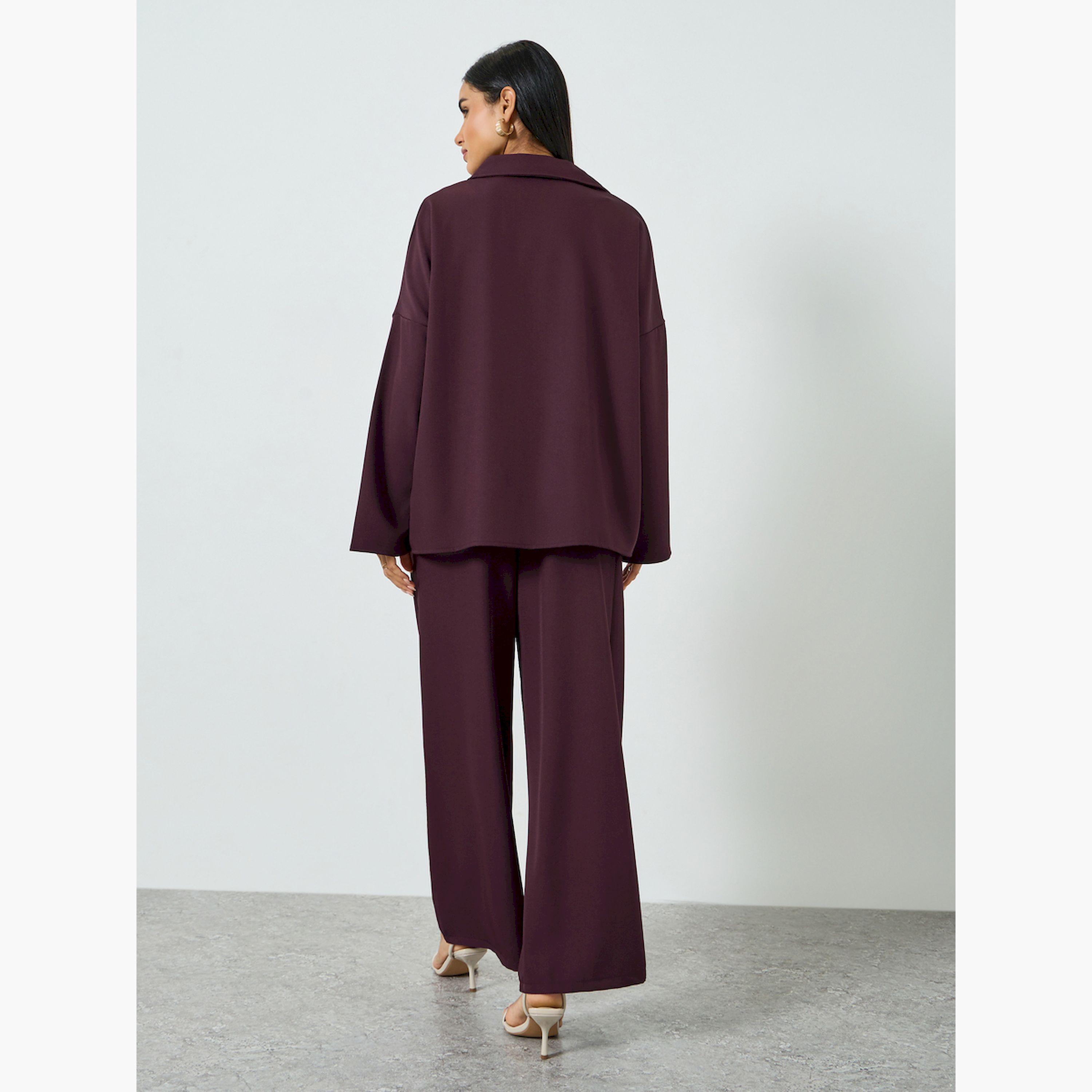 تيك تو × ستايلي - طقم بلوزة فضفاضة وبنطال واسع الساقين لون برغندي-women-clothing-coordsets-image-5