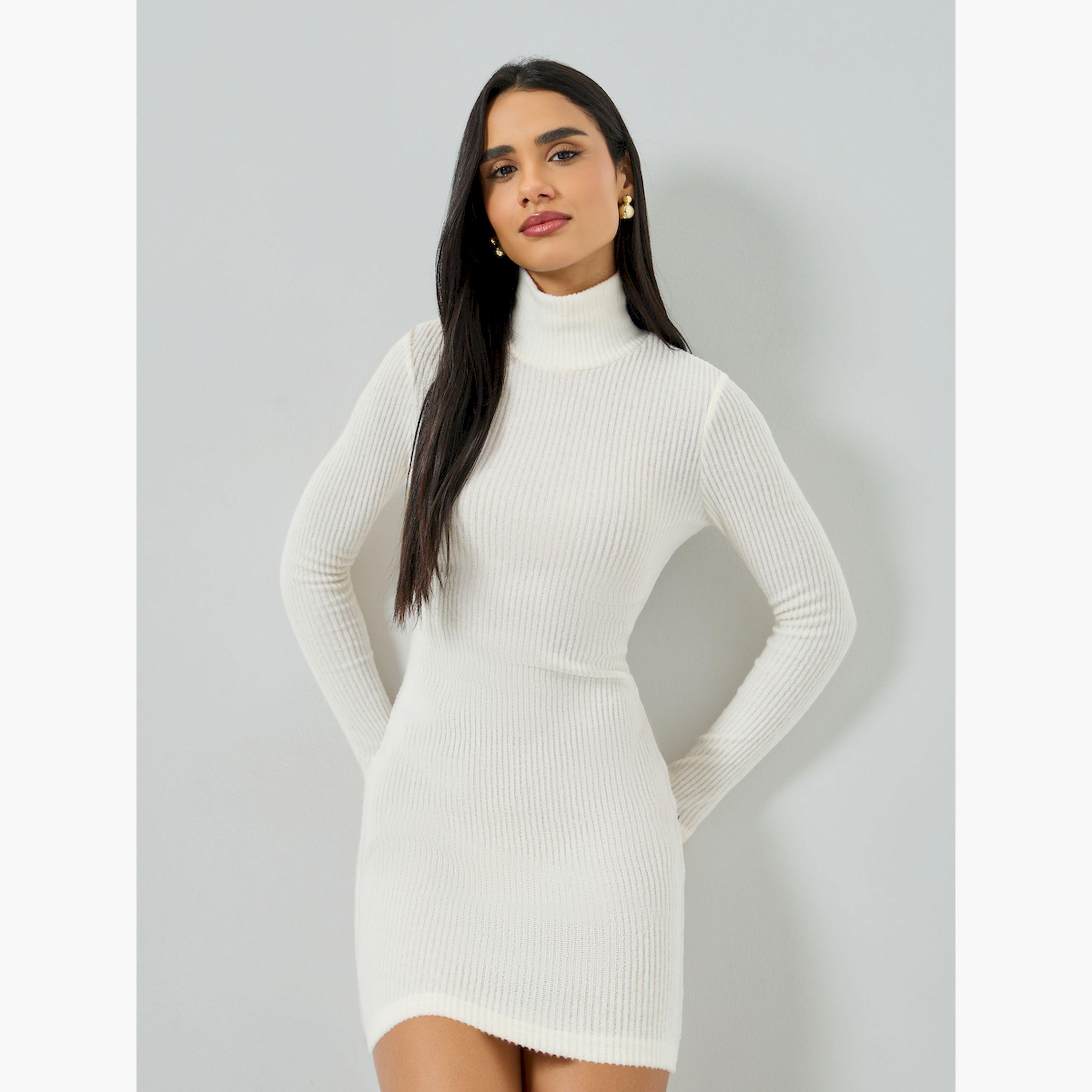 تيك تو × ستايلي - فستان قصير ضيق لون أبيض كريمي مضلع-women-clothing-dresses-image-1