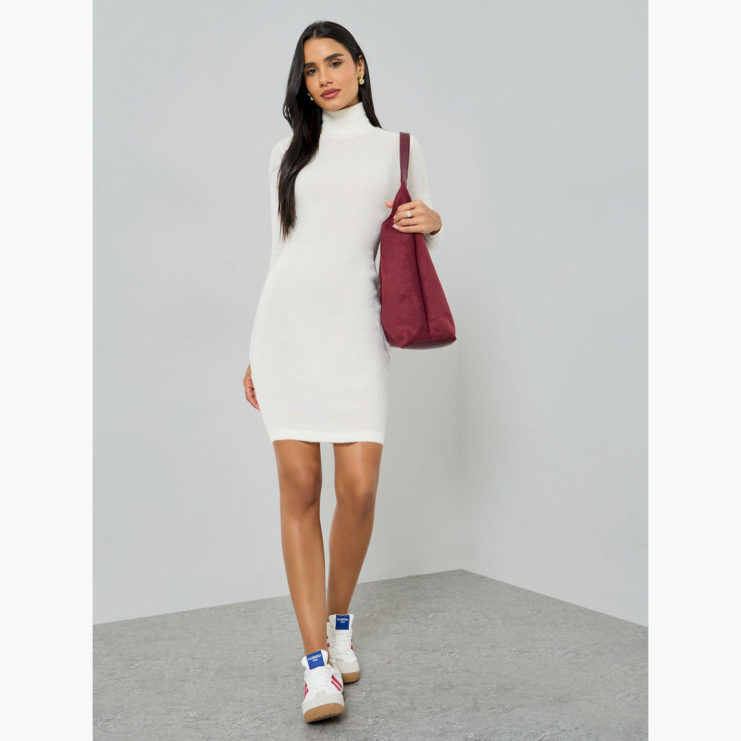 تيك تو × ستايلي - فستان قصير ضيق لون أبيض كريمي مضلع-women-clothing-dresses-image-2