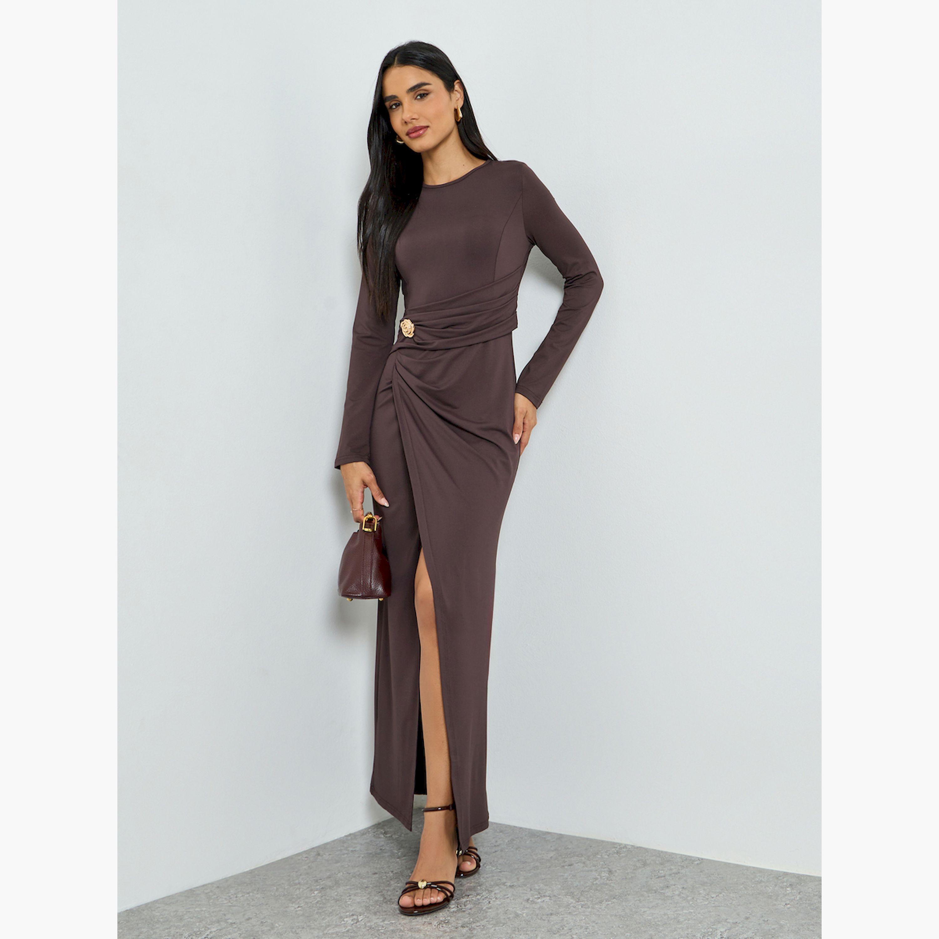 تيك تو × ستايلي - فستان ماكسي بني اللون بتفاصيل الكشكشة-women-clothing-dresses-image-1