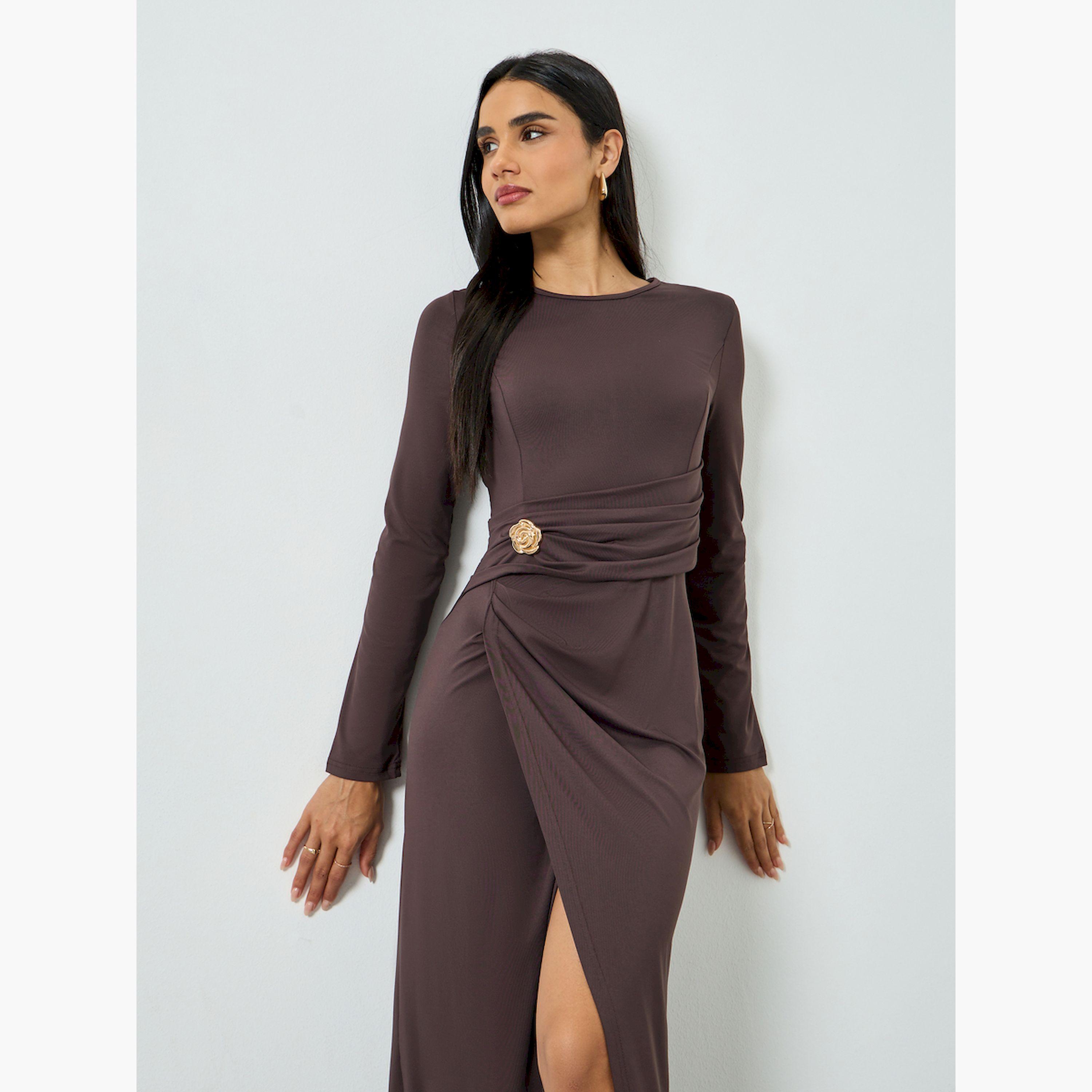 تيك تو × ستايلي - فستان ماكسي بني اللون بتفاصيل الكشكشة-women-clothing-dresses-image-2