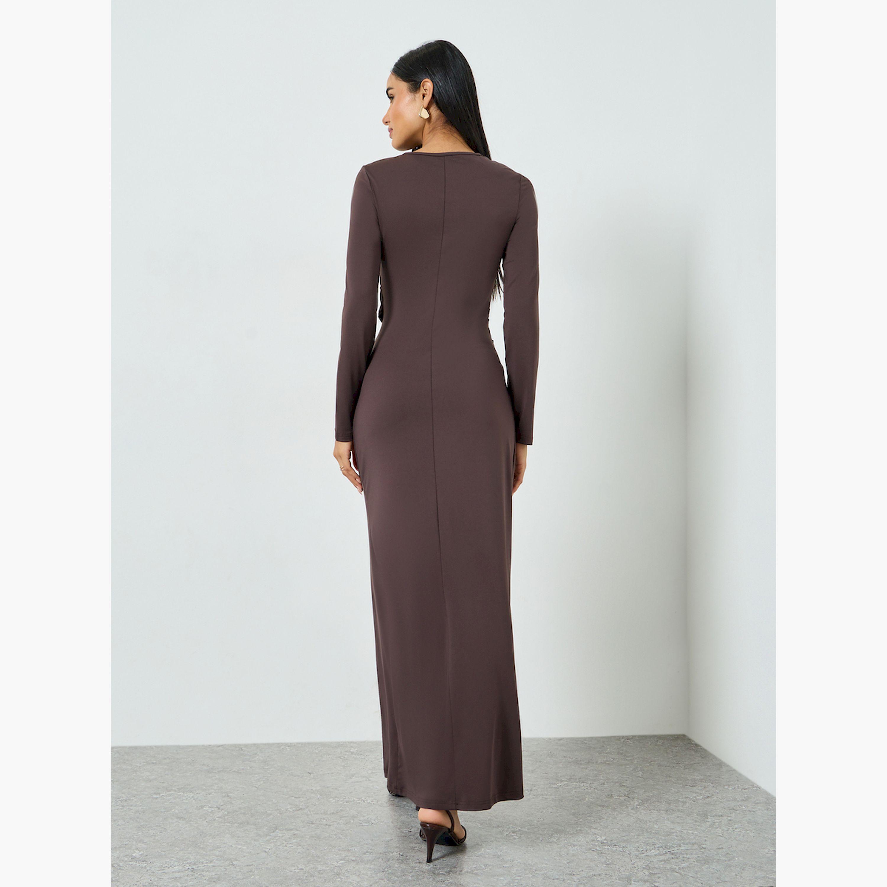 تيك تو × ستايلي - فستان ماكسي بني اللون بتفاصيل الكشكشة-women-clothing-dresses-image-5