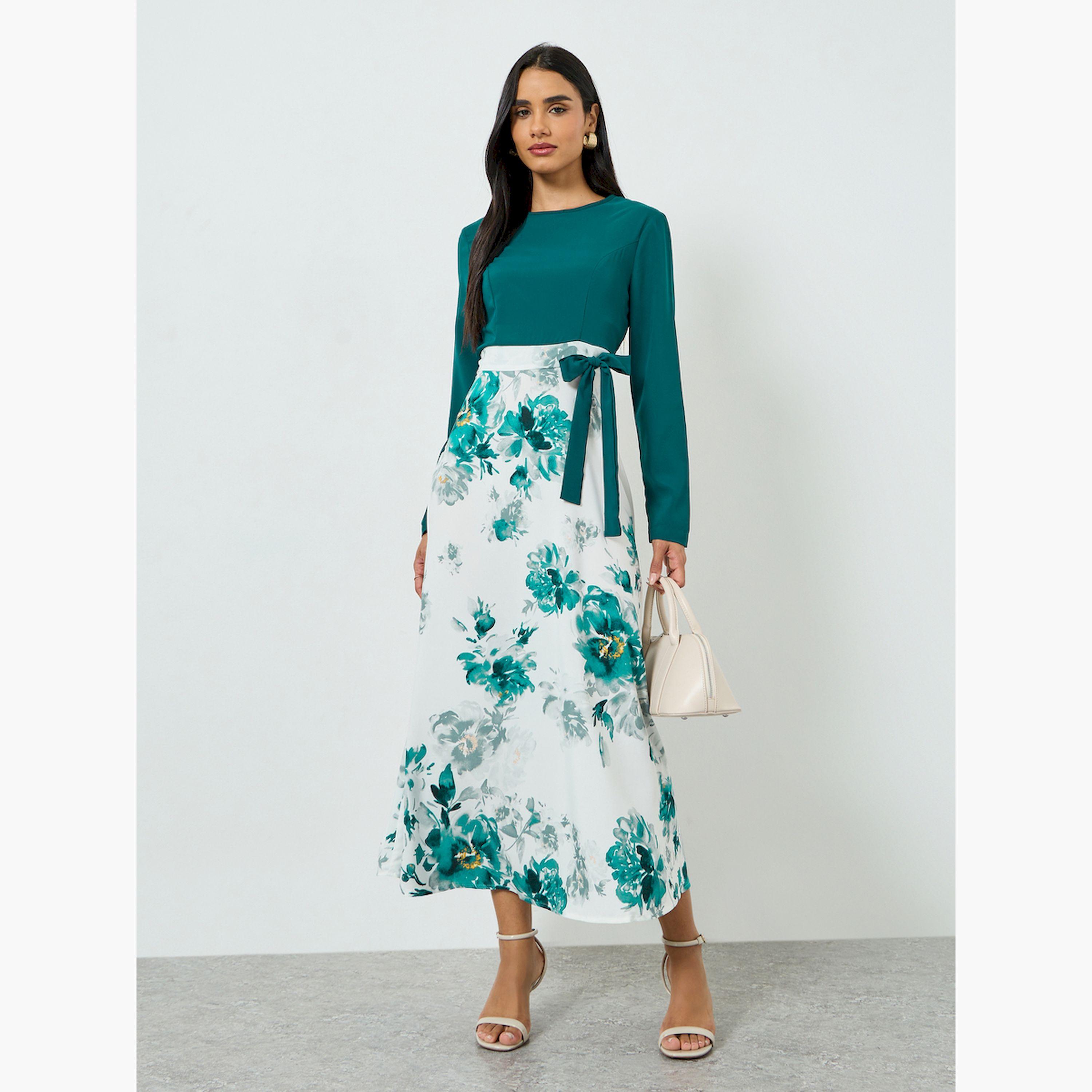 تيك تو × ستايلي - فستان ماكسي مزهر بتفاصيل فيونكة-women-clothing-dresses-image-1