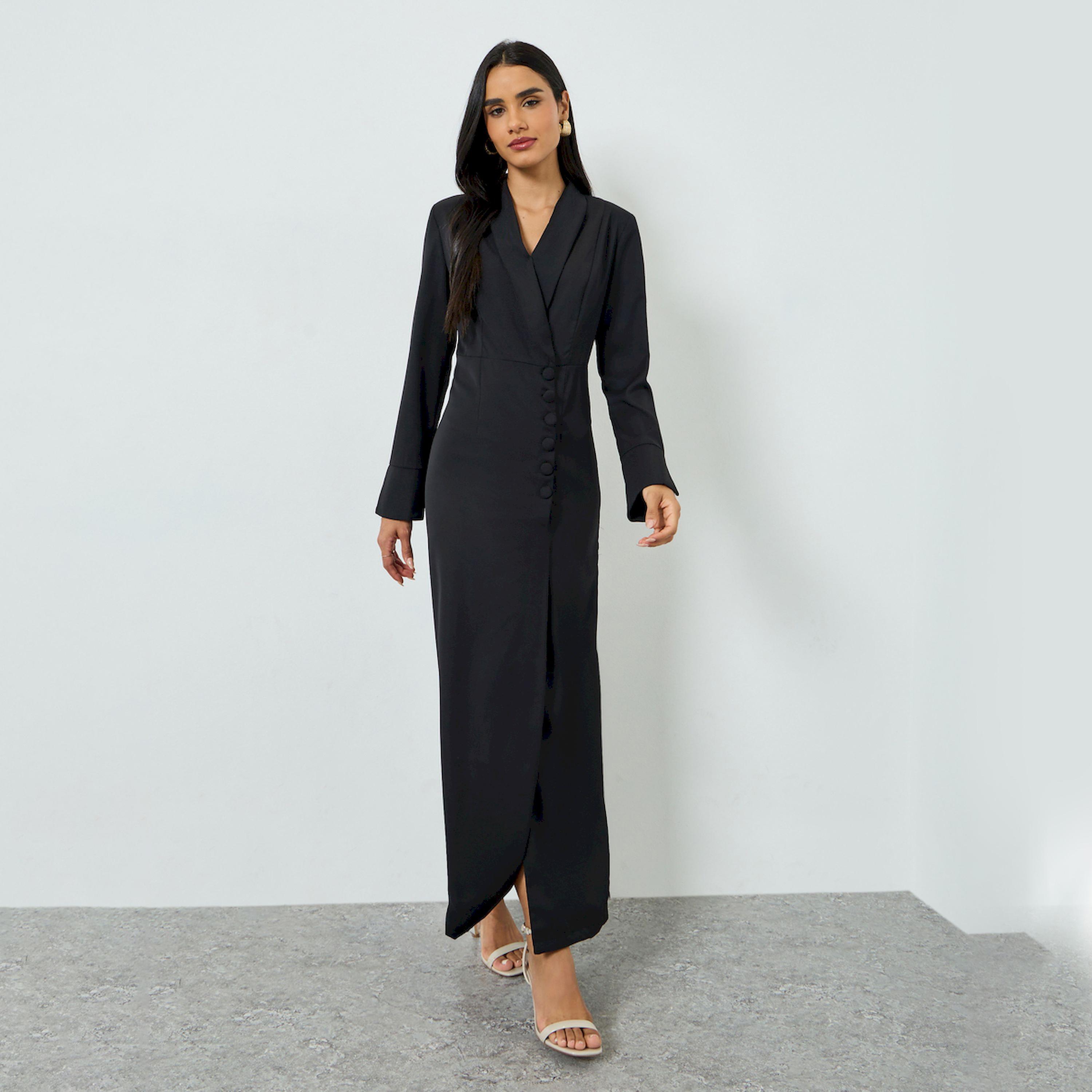 تيك تو × ستايلي - فستان ماكسي أسود من قماش التويل مزين بأزرار-women-clothing-dresses-image-1