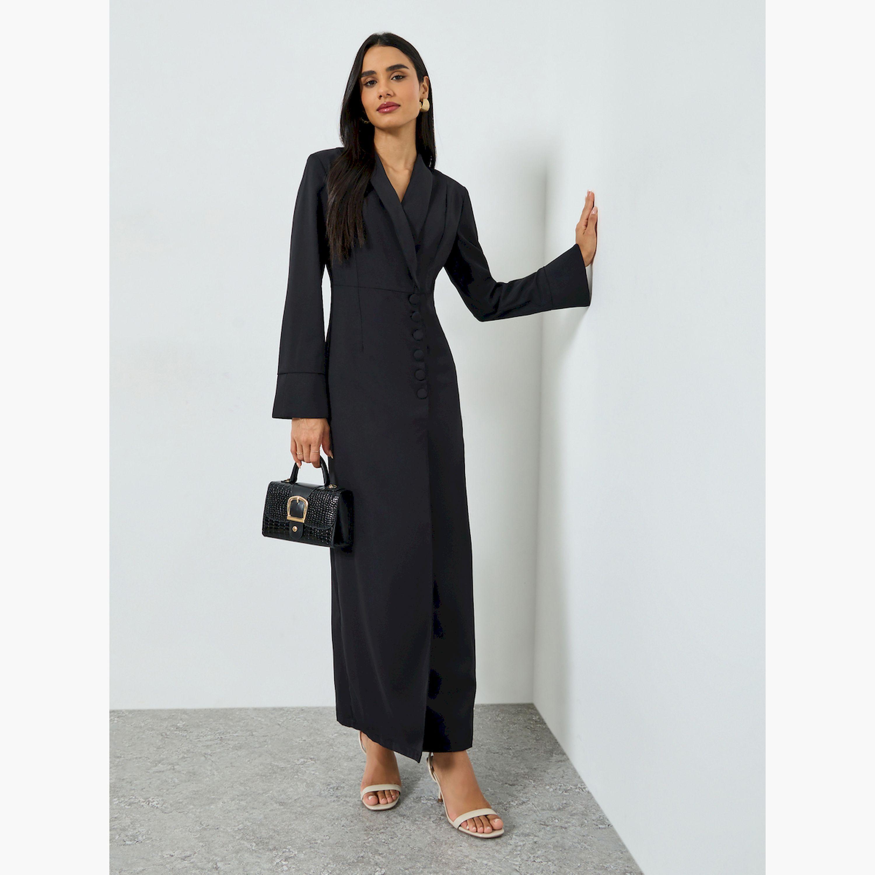 تيك تو × ستايلي - فستان ماكسي أسود من قماش التويل مزين بأزرار-women-clothing-dresses-image-3