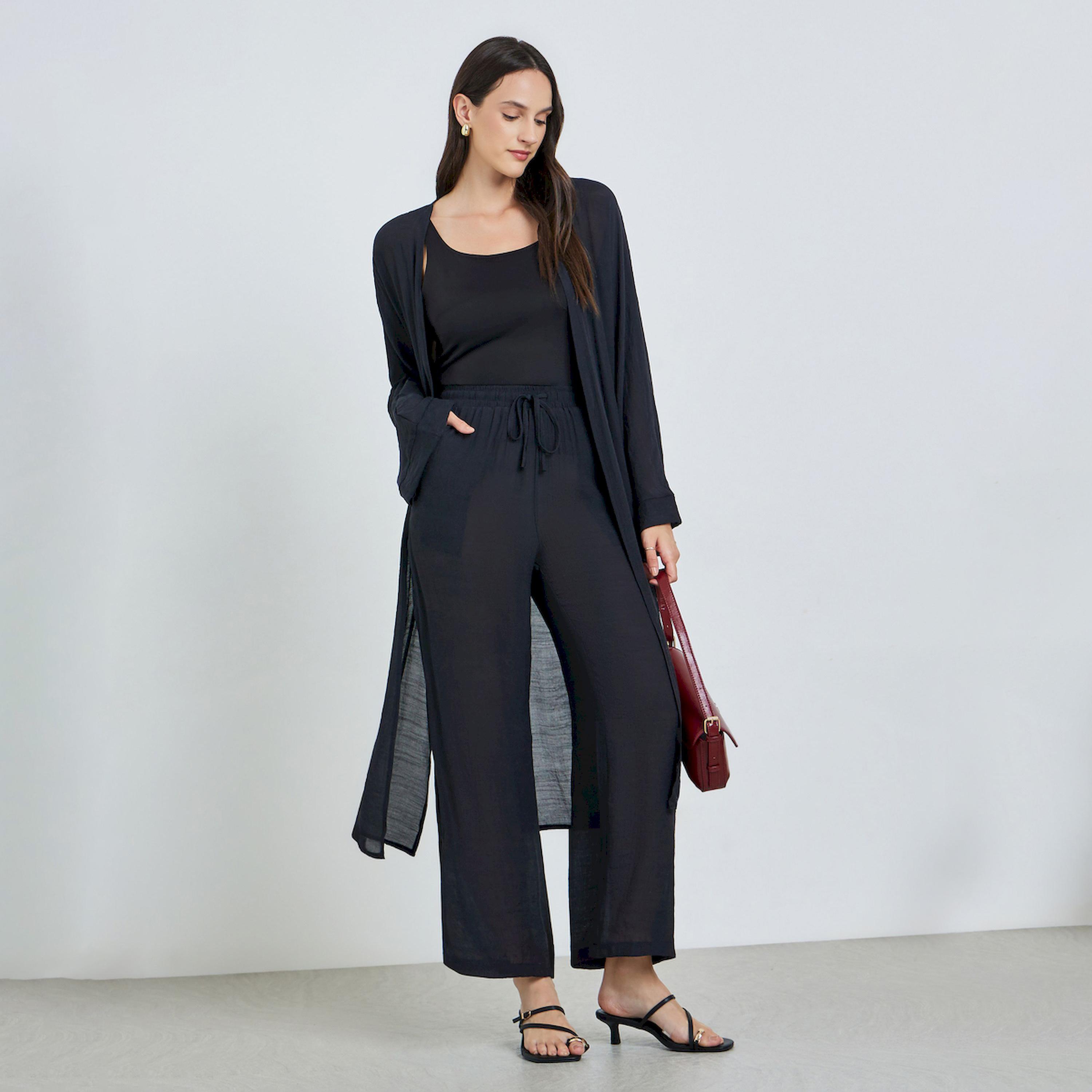 Take Two Black Open Front Midi Kimono with Drawstring Waist Pants Co-Ords-women-clothing-coordsets-image-1