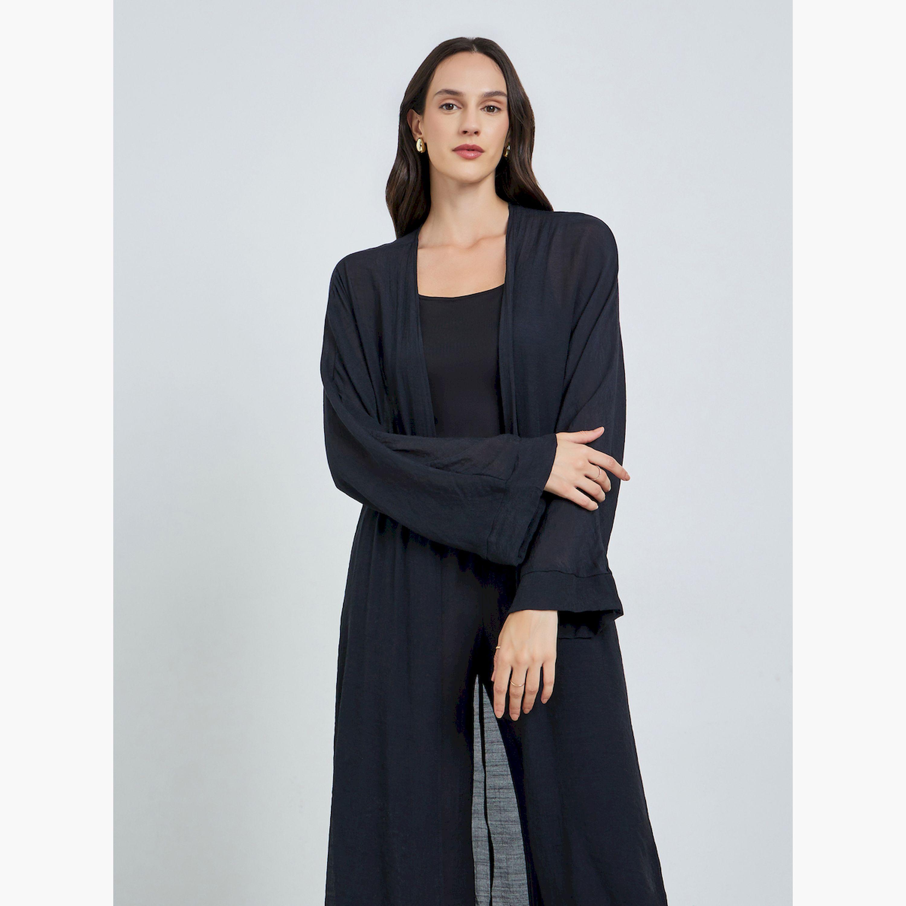 Take Two Black Open Front Midi Kimono with Drawstring Waist Pants Co-Ords-women-clothing-coordsets-image-2