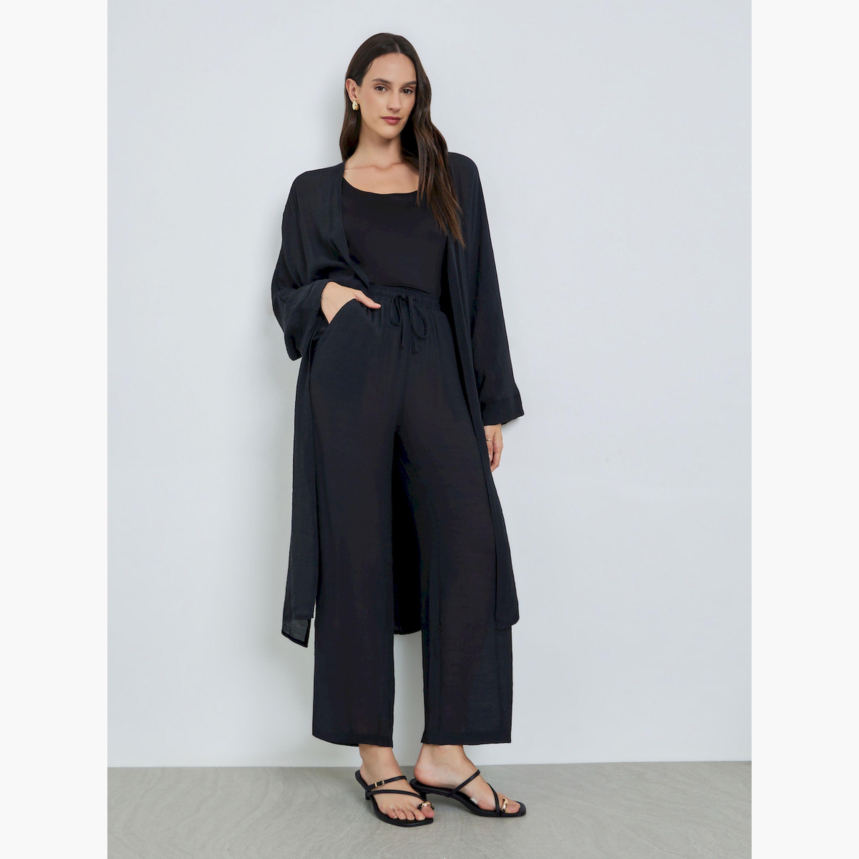 Take Two Black Open Front Midi Kimono with Drawstring Waist Pants Co-Ords-women-clothing-coordsets-image-3