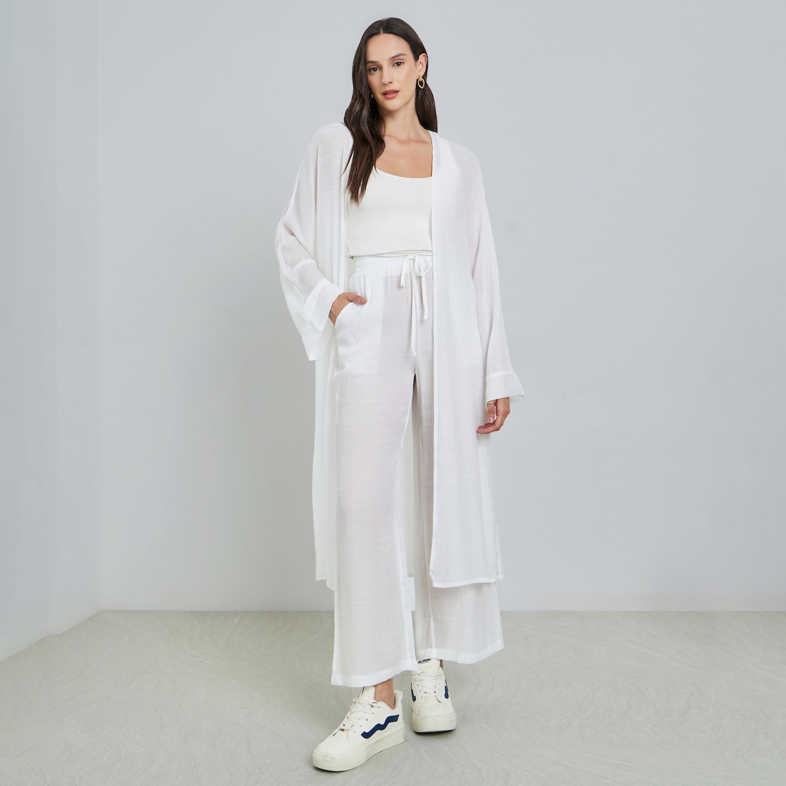 Take Two White Open Front Midi Kimono with Drawstring Waist Pants Co-Ords-women-clothing-coordsets-image-1