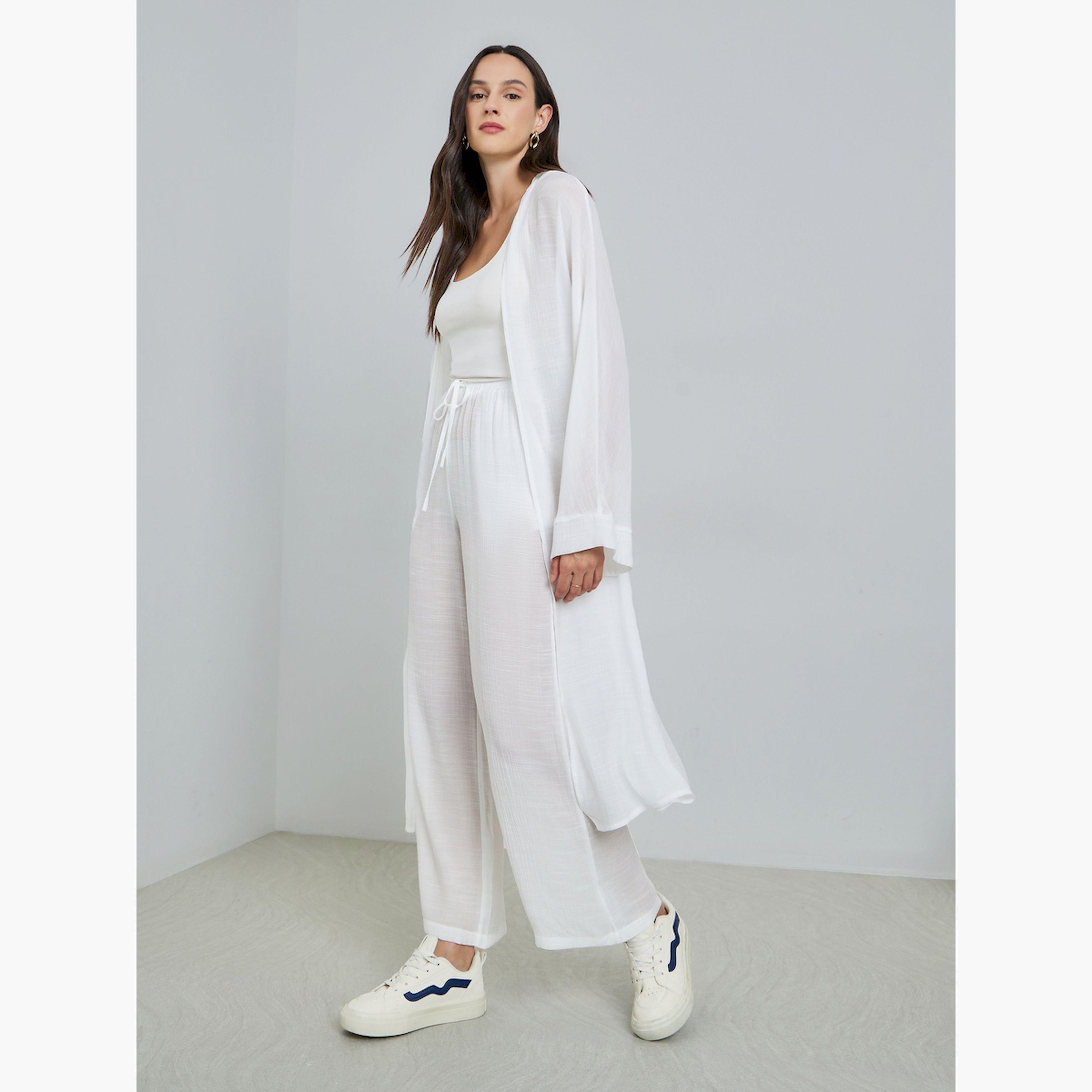 Take Two White Open Front Midi Kimono with Drawstring Waist Pants Co-Ords-women-clothing-coordsets-image-2