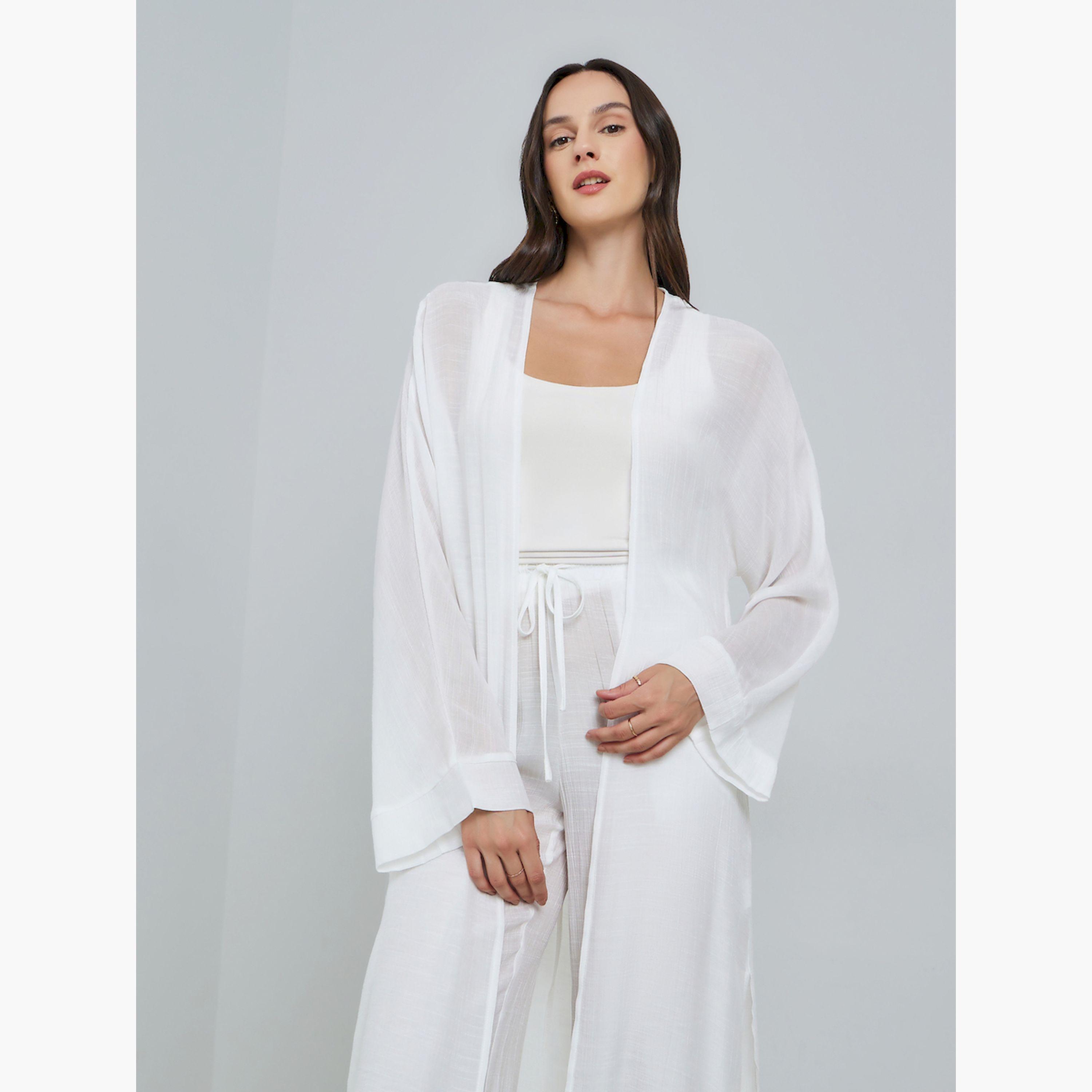 Take Two White Open Front Midi Kimono with Drawstring Waist Pants Co-Ords-women-clothing-coordsets-image-3