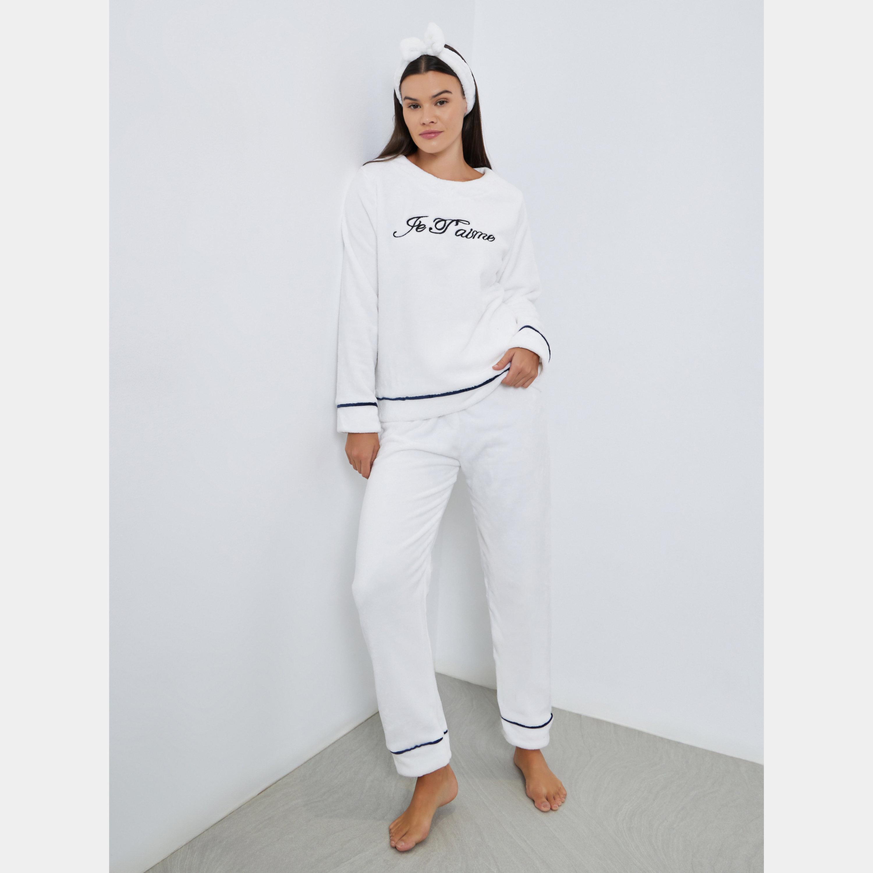 Styli Fleece Contrast Piped Top, Headband and Pyjama Set-women-clothing-nightwear-pyjamas-longsets-image-1