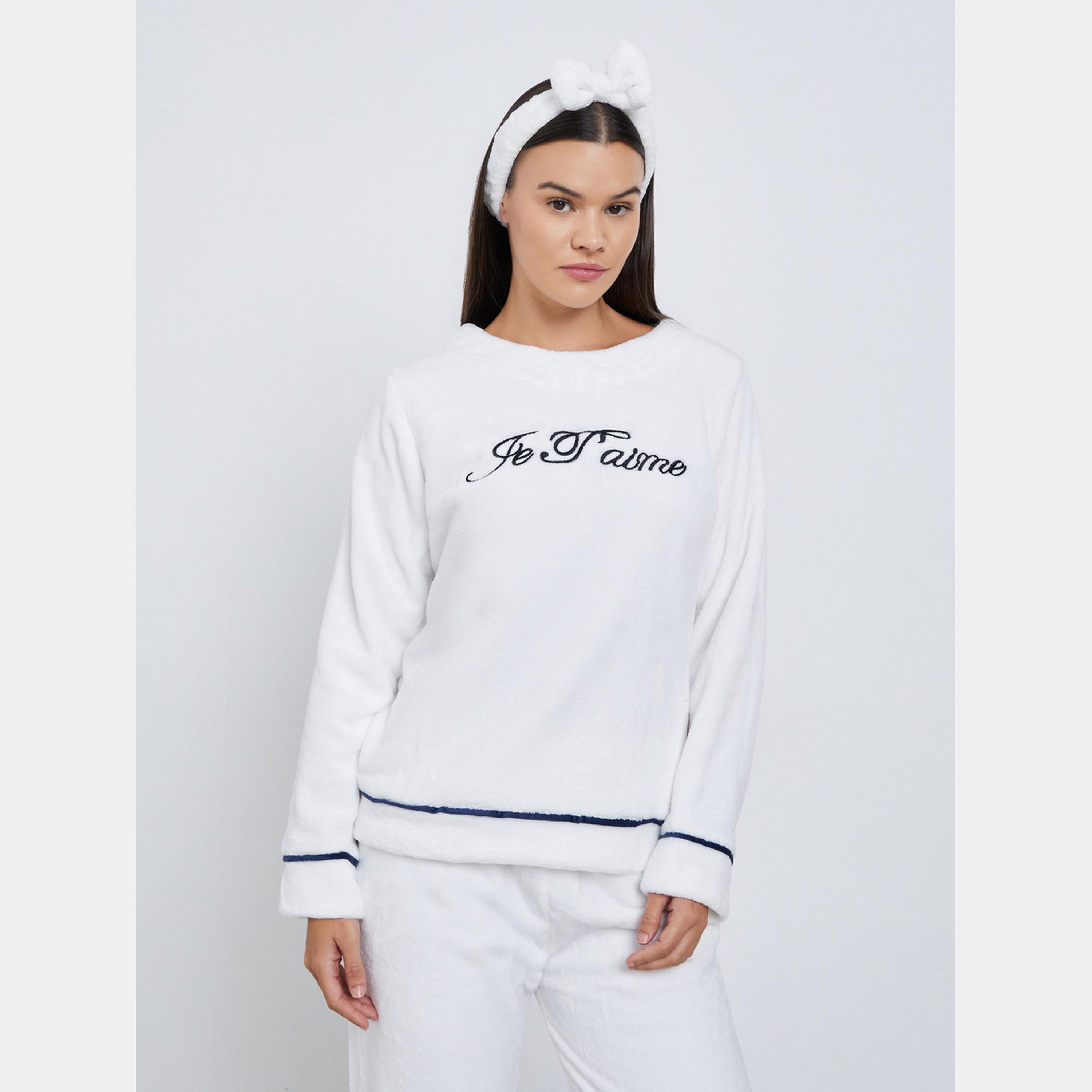 Styli Fleece Contrast Piped Top, Headband and Pyjama Set-women-clothing-nightwear-pyjamas-longsets-image-2