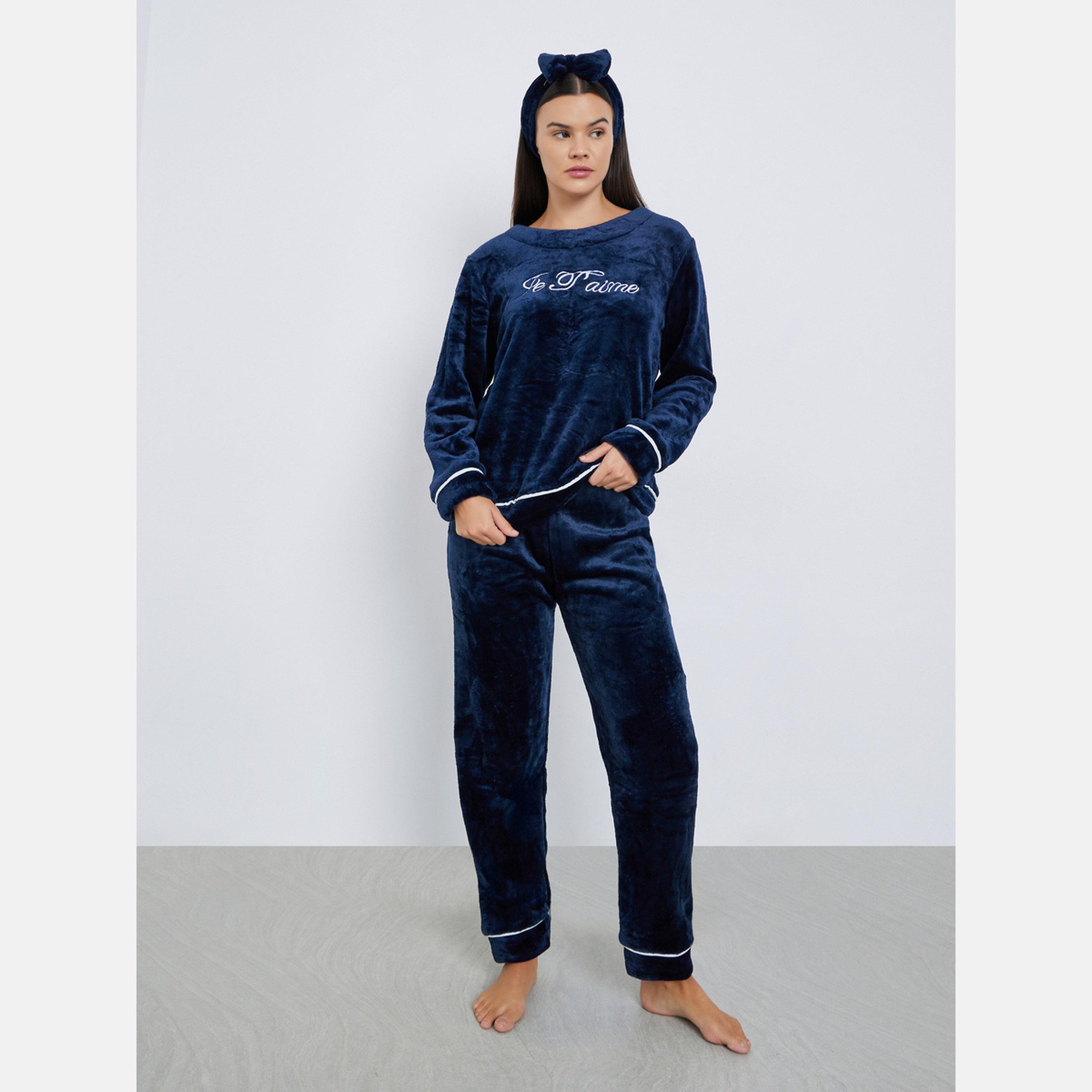 ستايلي - بيجاما بنطال وبلوزة وربطة رأس صوف بلون متباين-women-clothing-nightwear-pyjamas-longsets-image-1