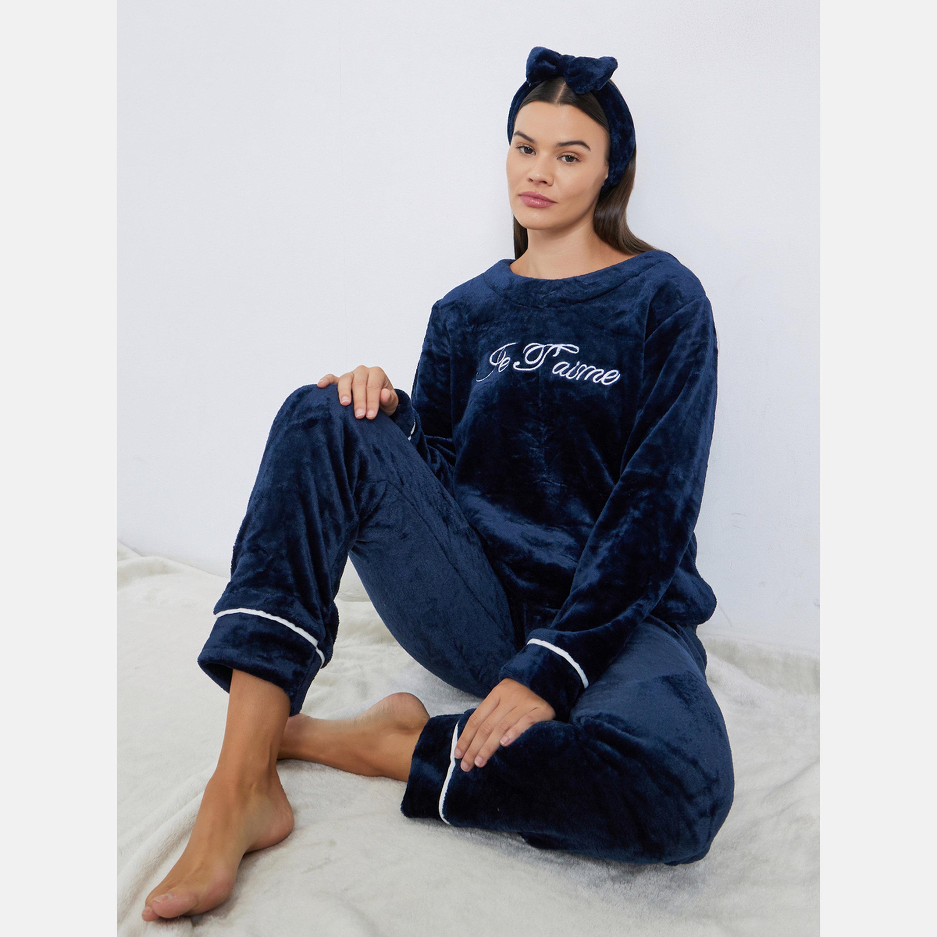 ستايلي - بيجاما بنطال وبلوزة وربطة رأس صوف بلون متباين-women-clothing-nightwear-pyjamas-longsets-image-2