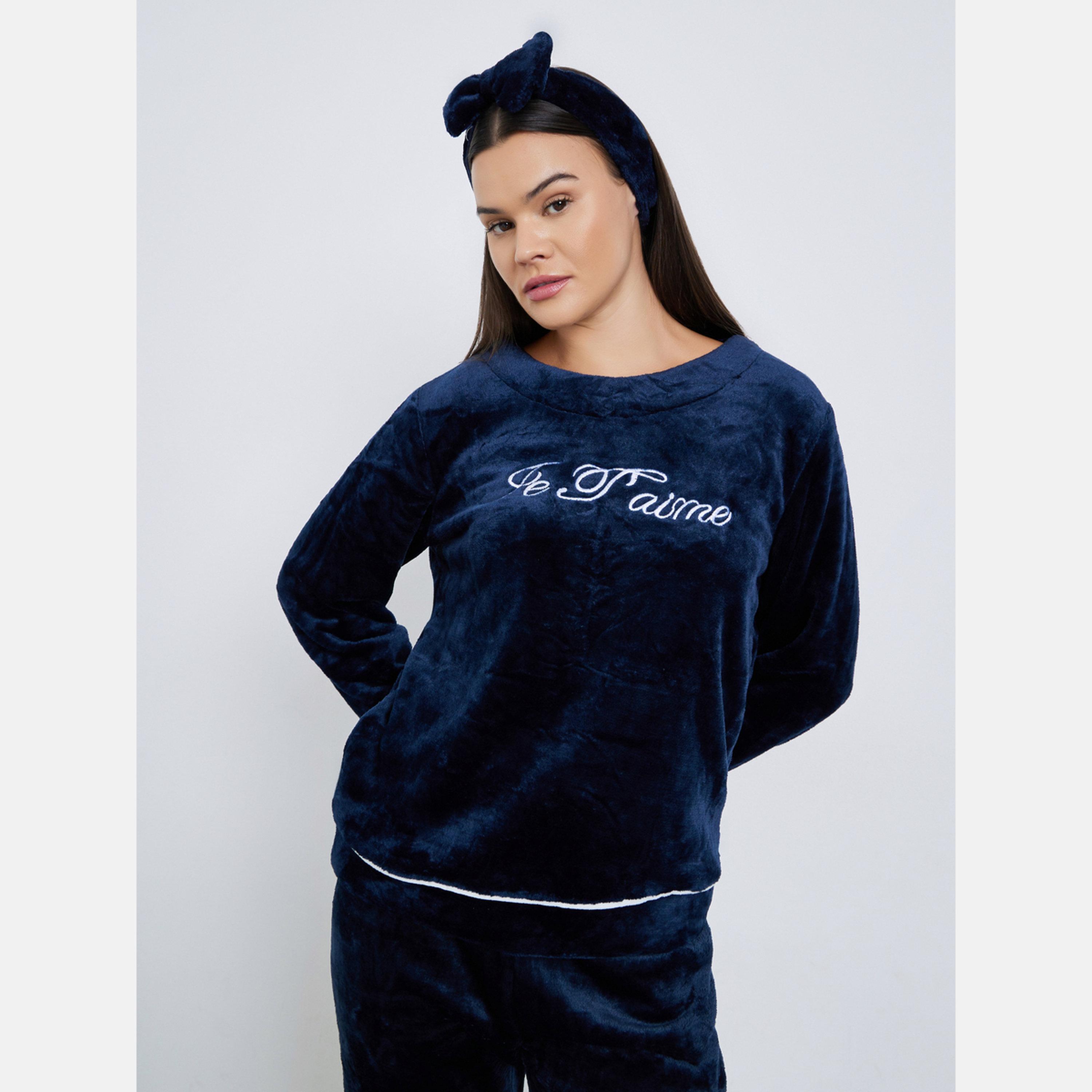ستايلي - بيجاما بنطال وبلوزة وربطة رأس صوف بلون متباين-women-clothing-nightwear-pyjamas-longsets-image-3