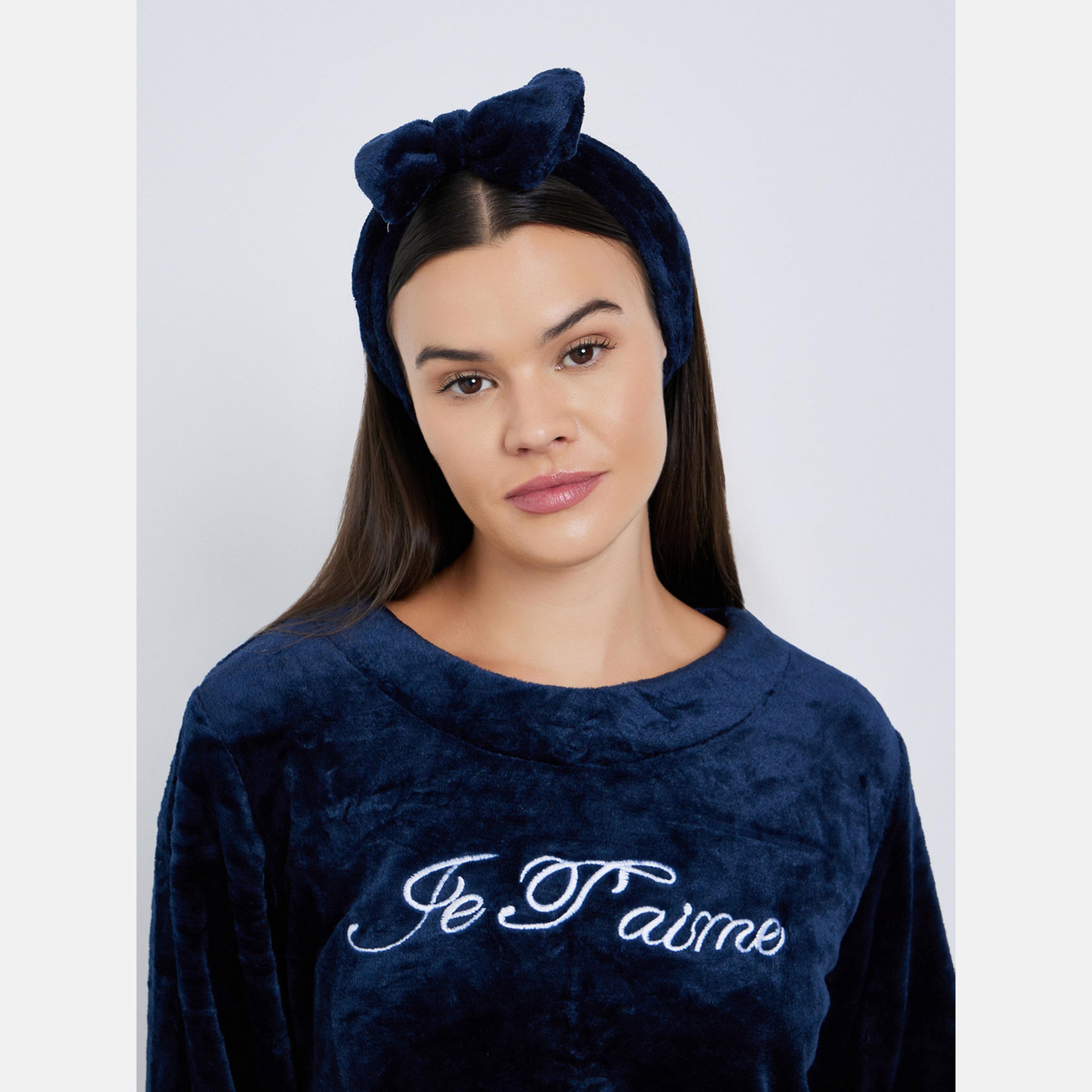 ستايلي - بيجاما بنطال وبلوزة وربطة رأس صوف بلون متباين-women-clothing-nightwear-pyjamas-longsets-image-4