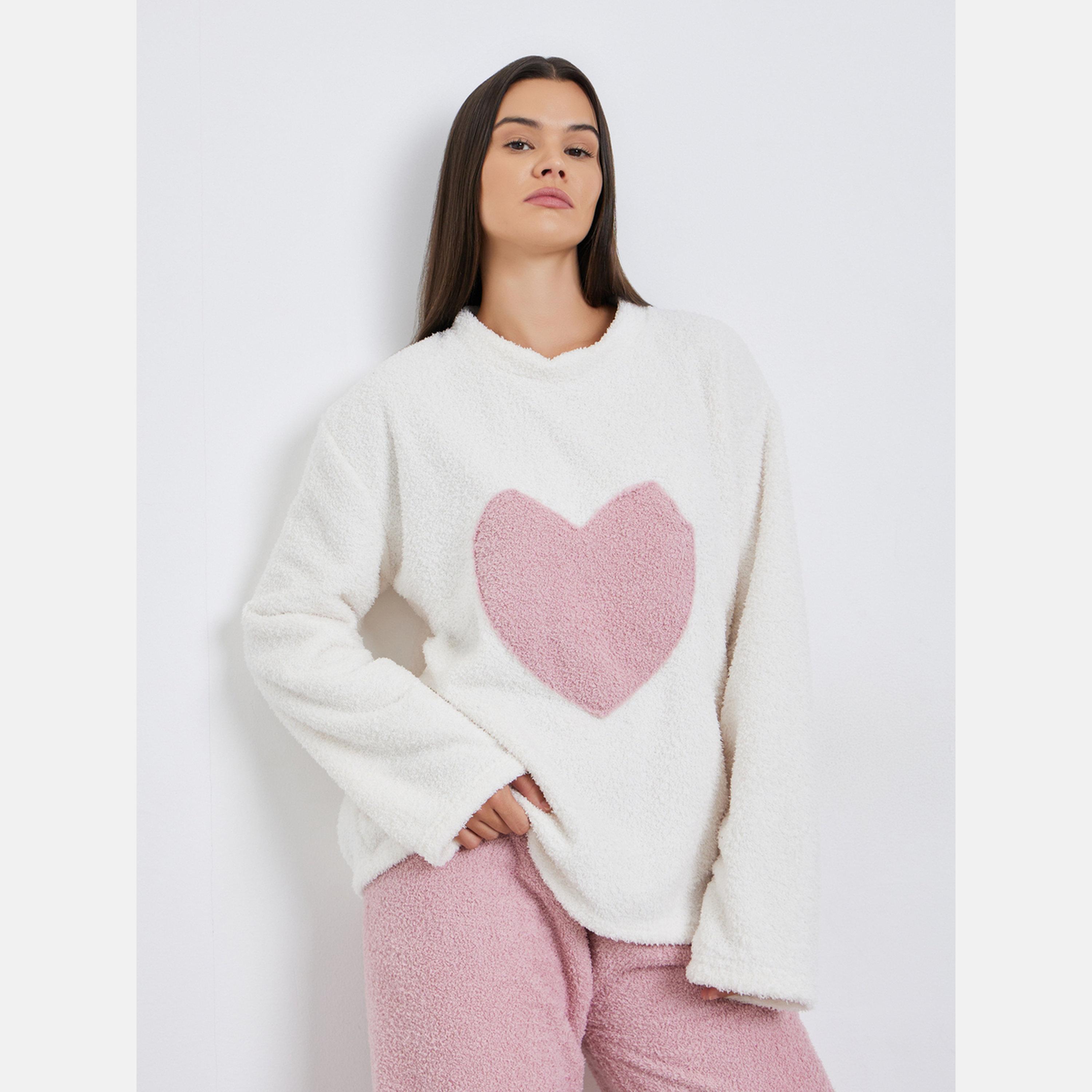 Styli Contrast Heart Detail Fleece Top and Pyjama Set-women-clothing-nightwear-pyjamas-longsets-image-2