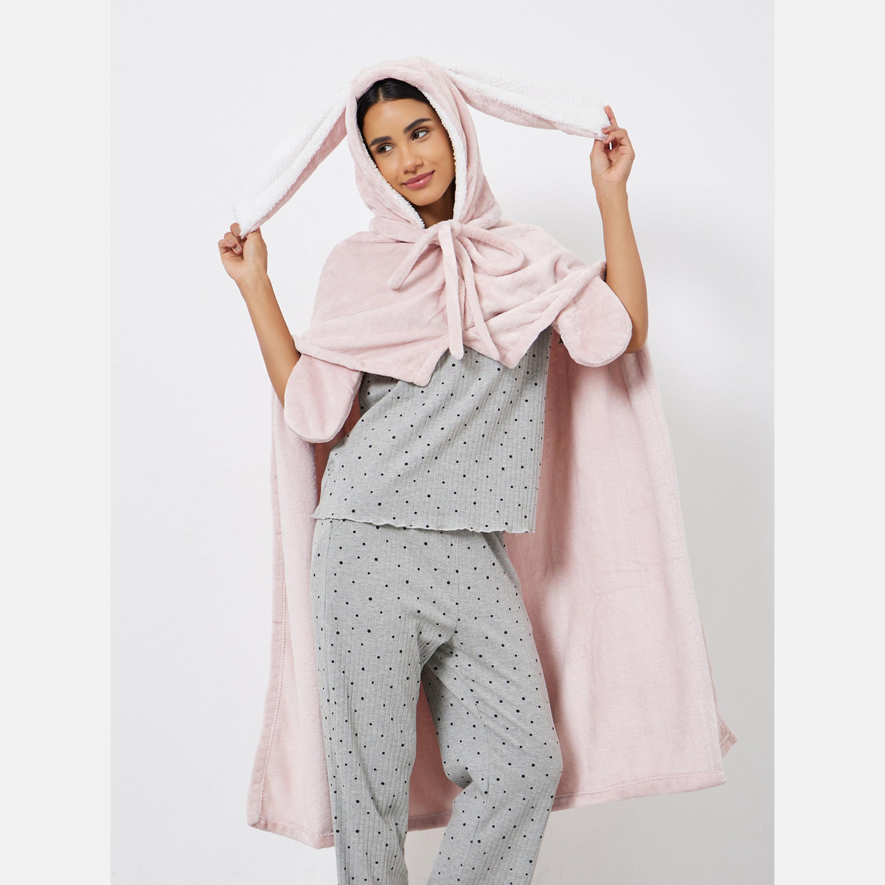 Styli Fleece Buttoned Bunny Ears Hooded Cape Robe-women-clothing-nightwear-robes-image-1