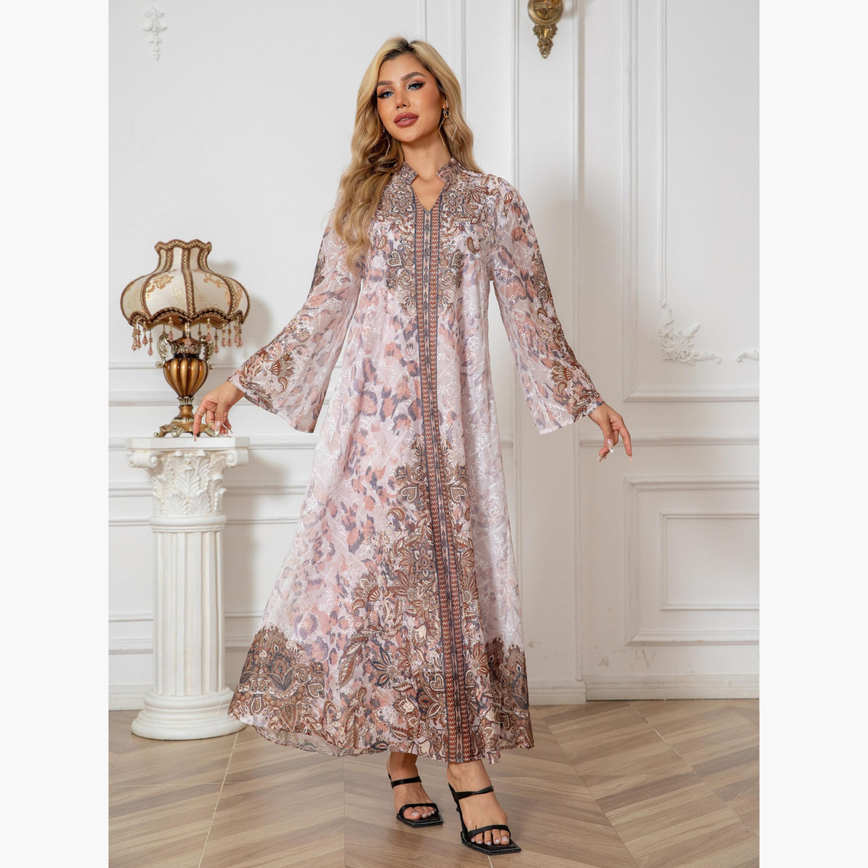 Take Two Printed Embroidery Detail Long Sleeve Jalabiya-women-arabicclothing-jalabiyas-image-1