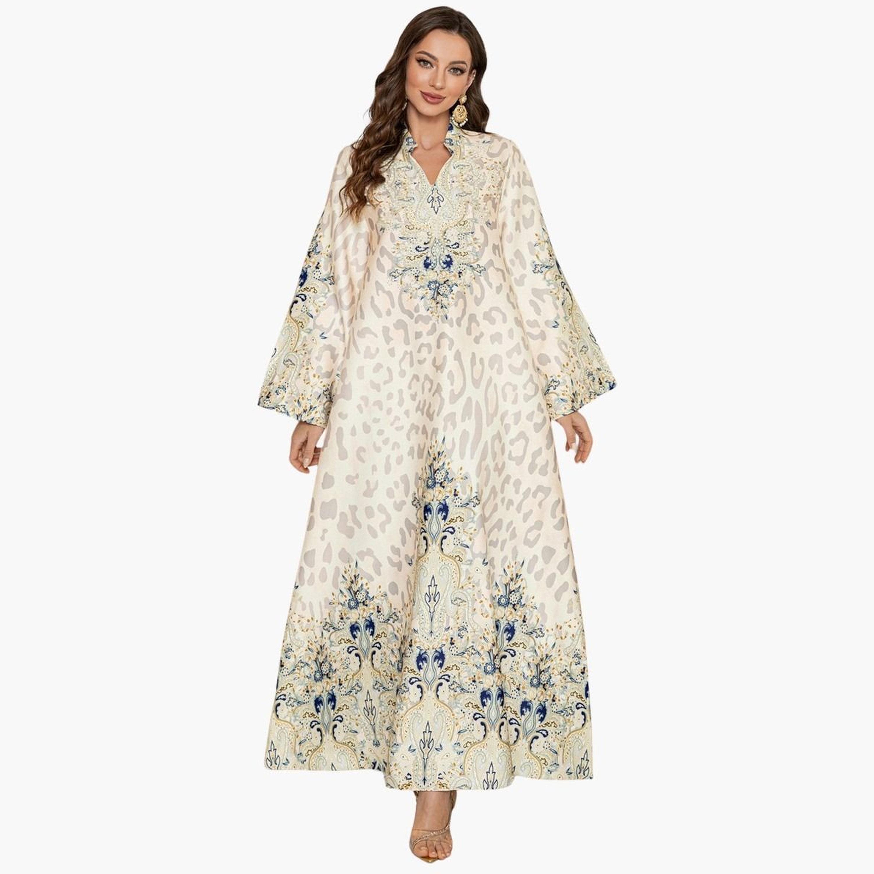 Take Two Floral Print Embellished Faux Pearl Detail Jalabiya-women-arabicclothing-jalabiyas-image-1