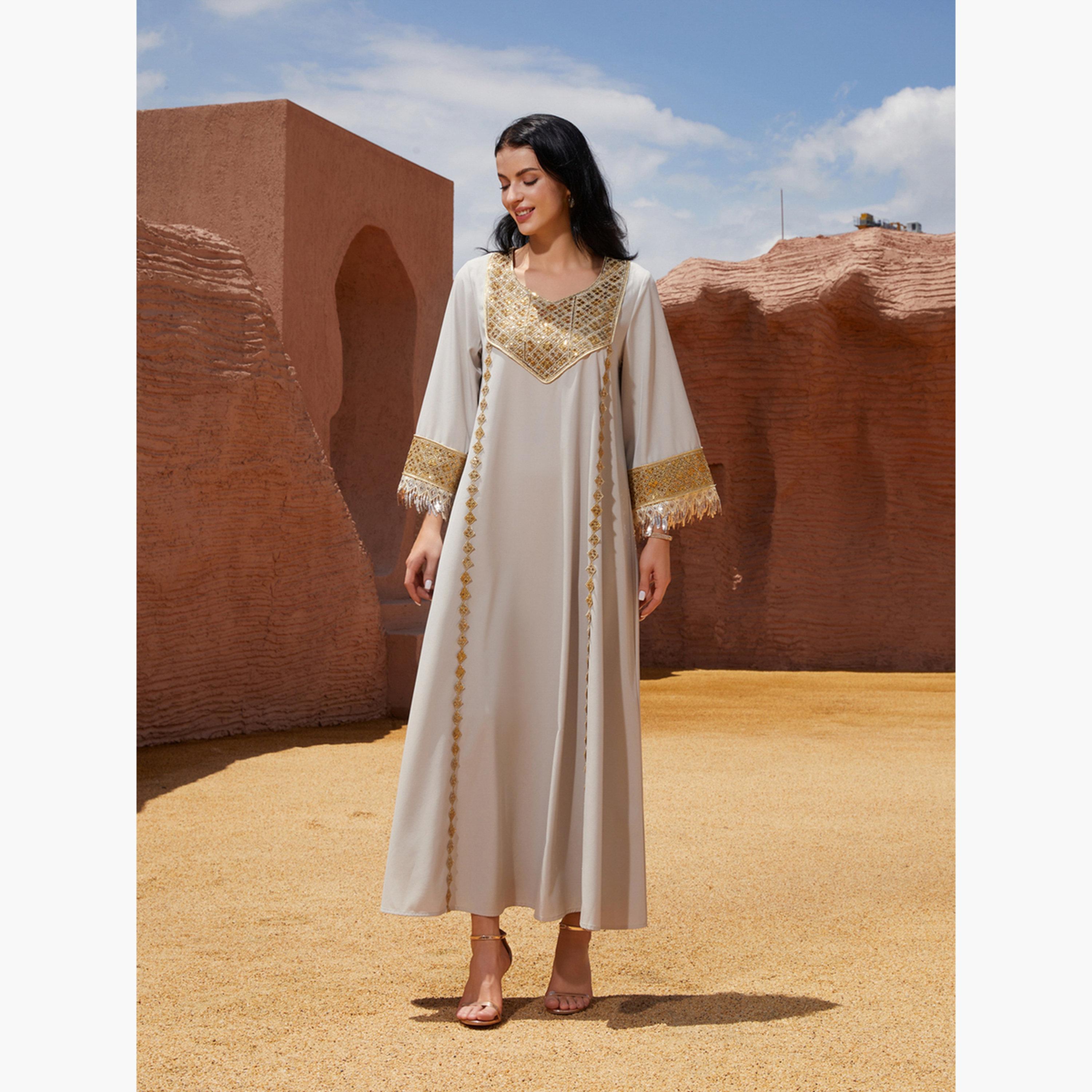 Take Two Sequined Embellished Sleeve Tassel Detail Jalabiya-women-arabicclothing-jalabiyas-image-3