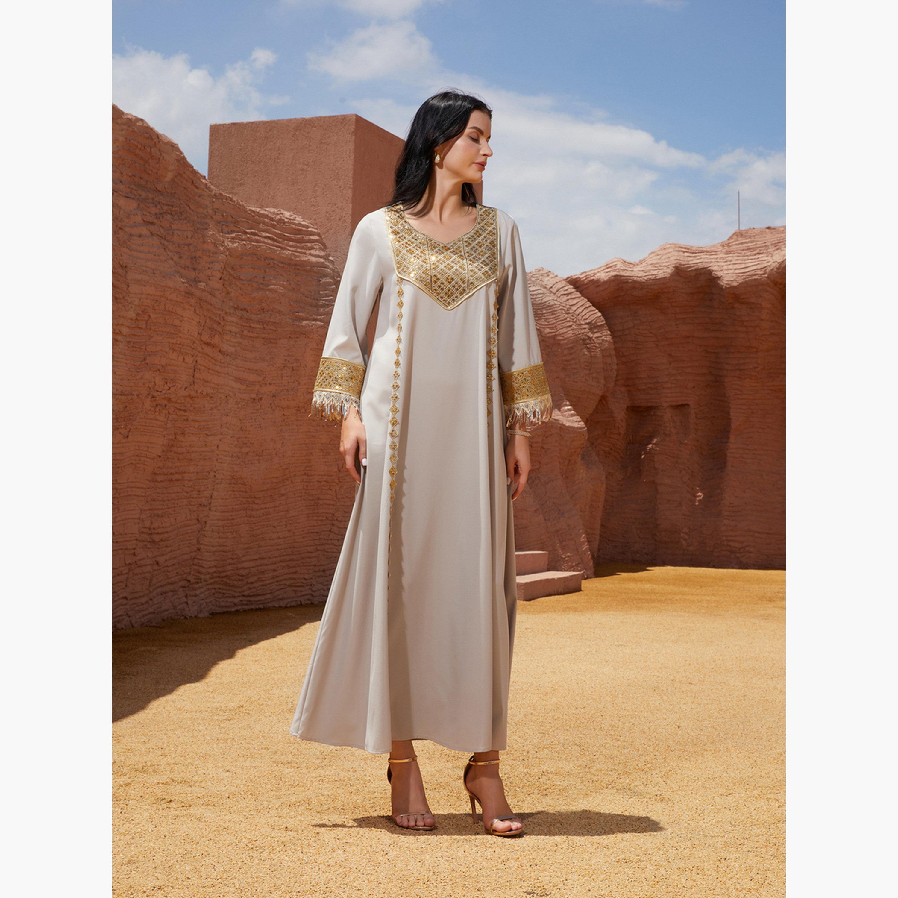Take Two Sequined Embellished Sleeve Tassel Detail Jalabiya-women-arabicclothing-jalabiyas-image-4