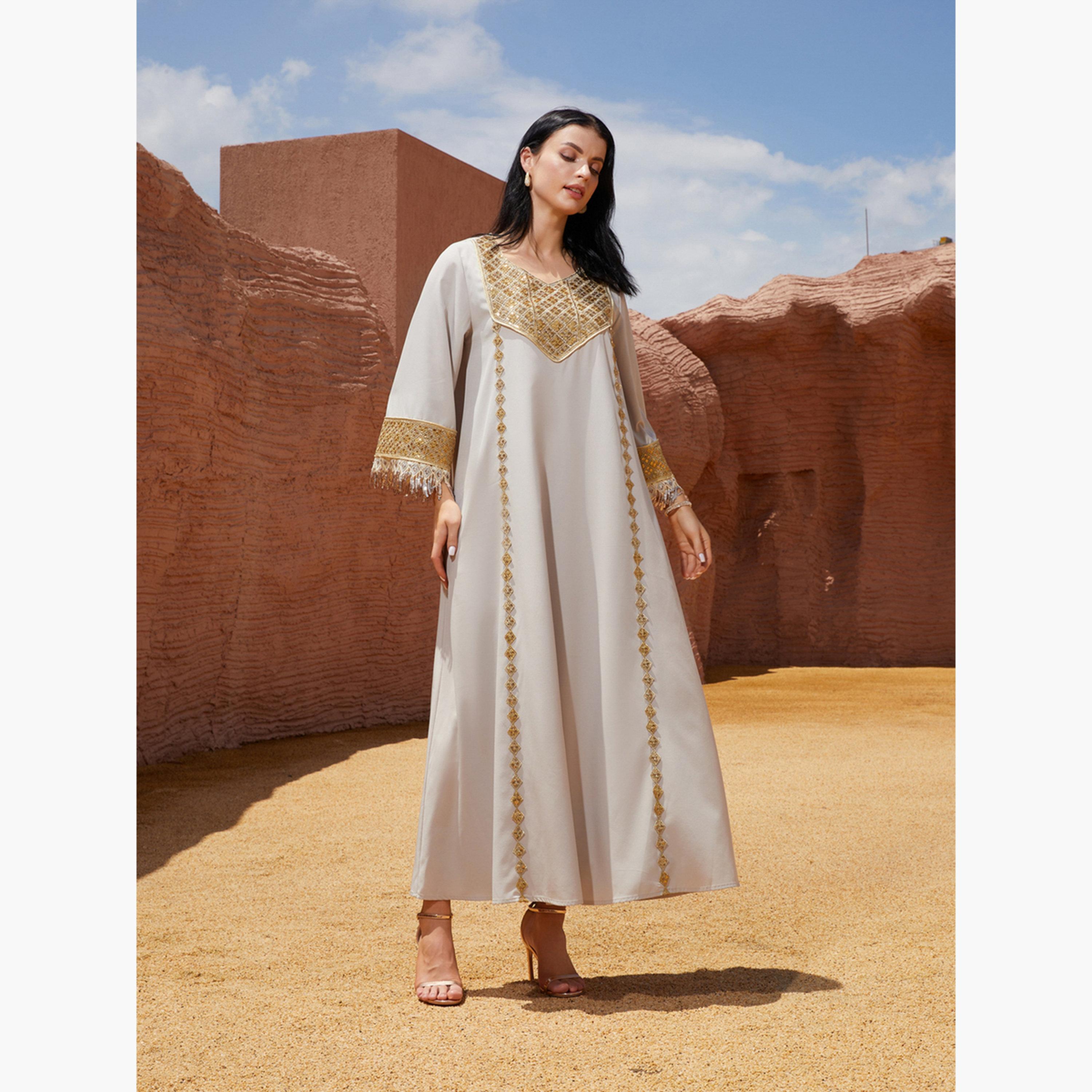Take Two Sequined Embellished Sleeve Tassel Detail Jalabiya-women-arabicclothing-jalabiyas-image-5