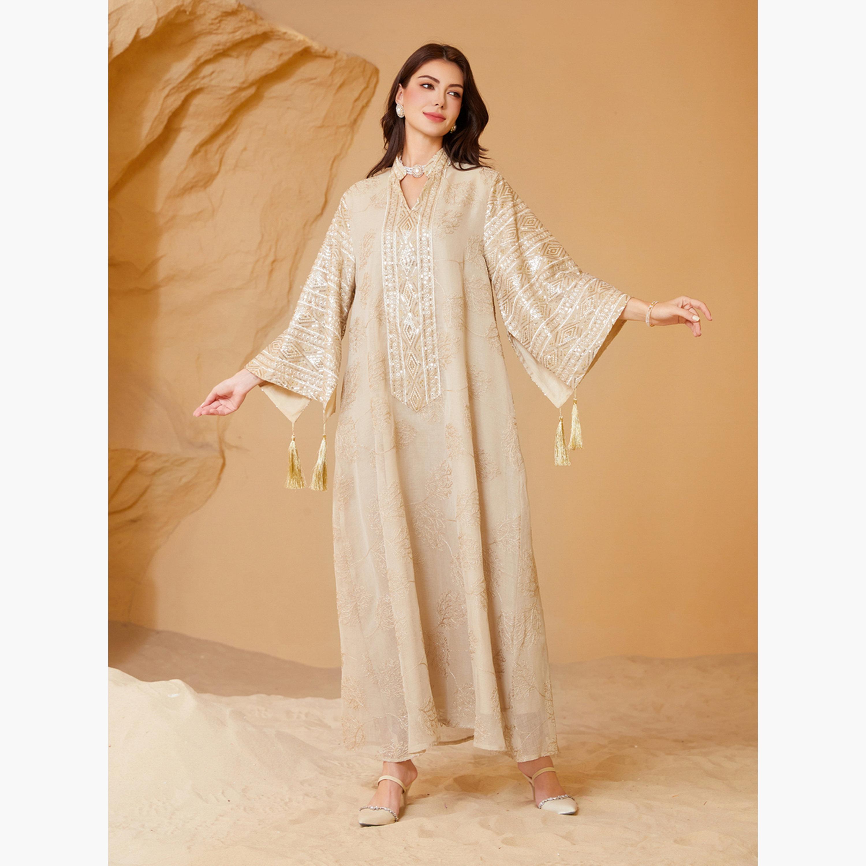 Take Two Beige Textured Sequins Embellished Jalabiya-women-arabicclothing-jalabiyas-image-3
