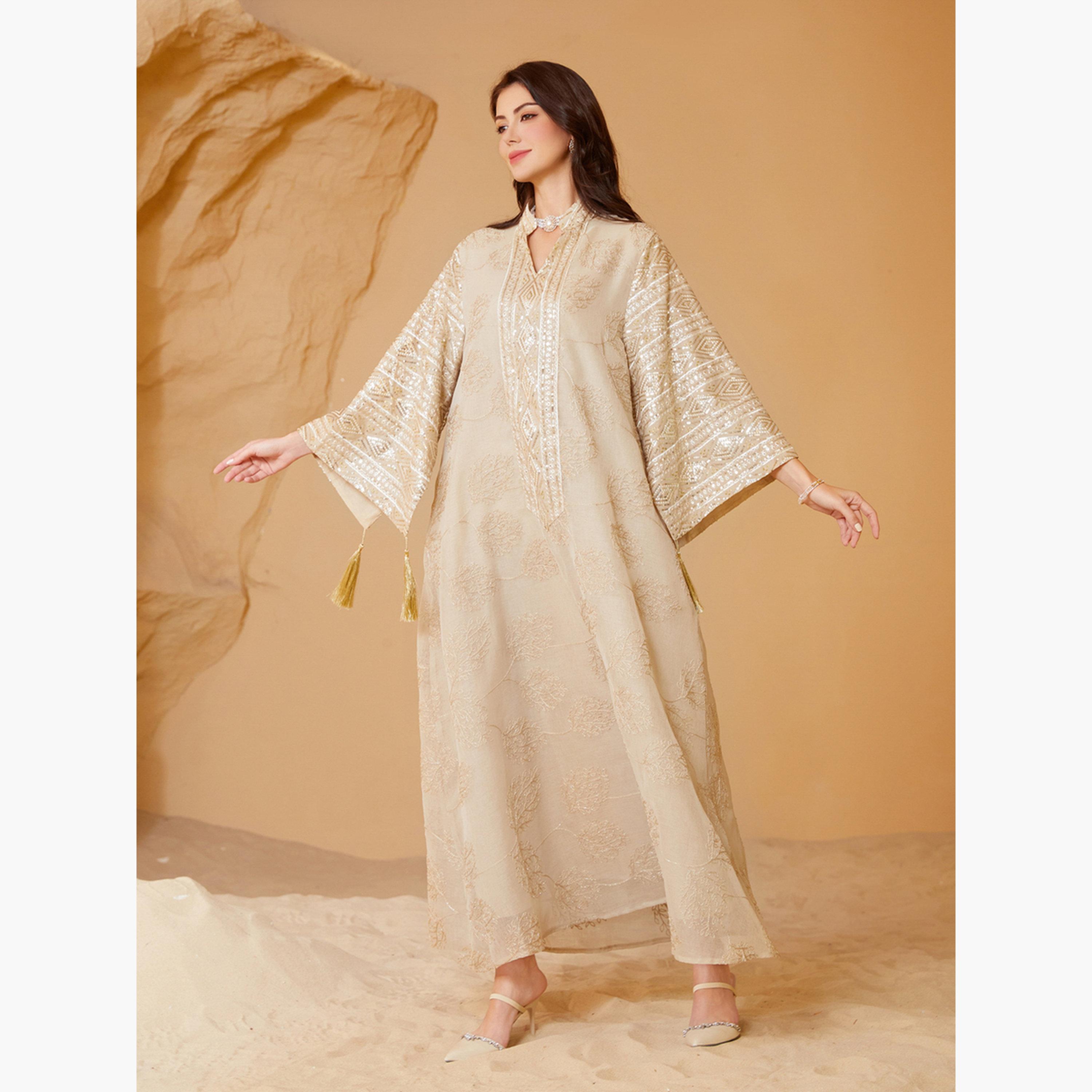 Take Two Beige Textured Sequins Embellished Jalabiya-women-arabicclothing-jalabiyas-image-5