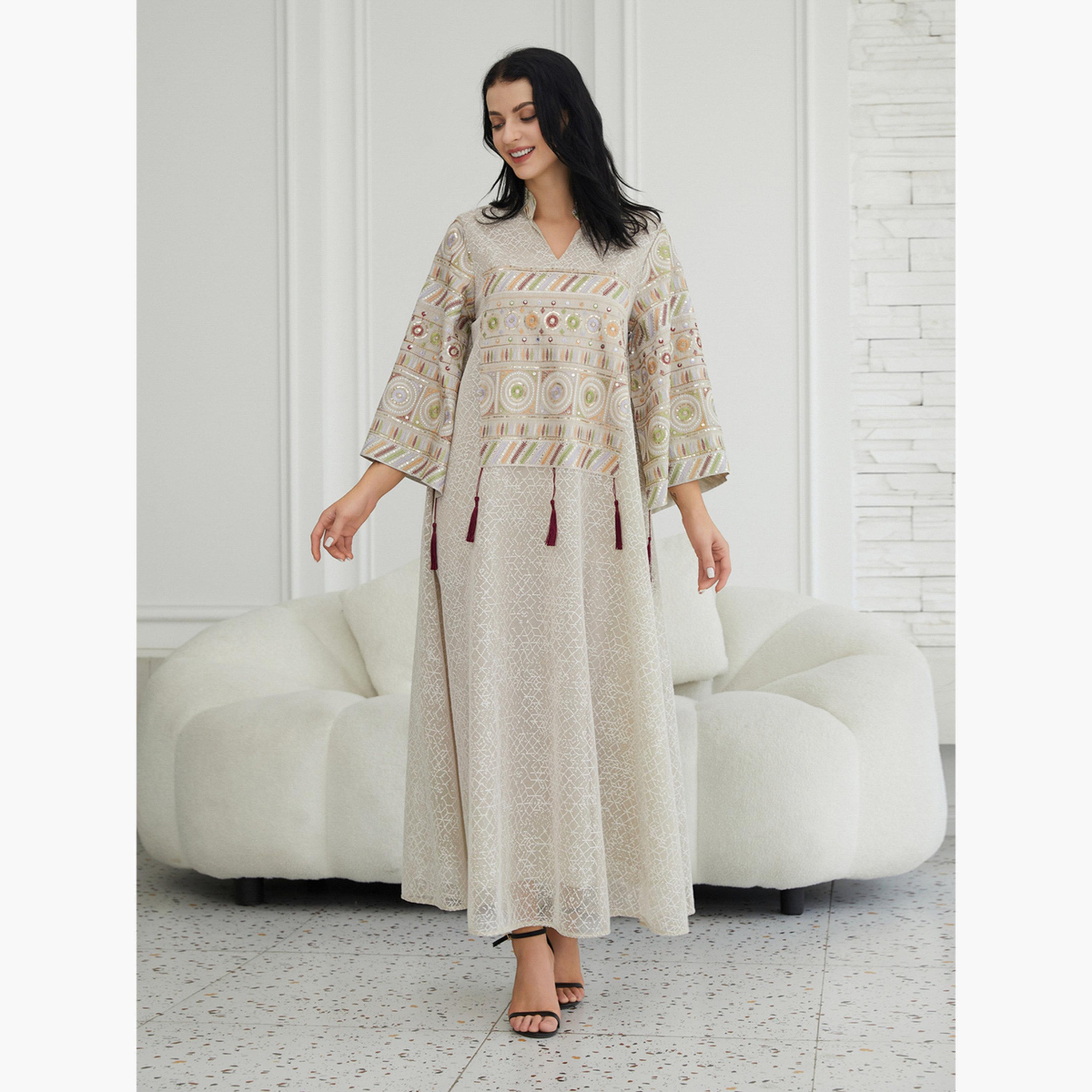 Take Two Texture Fabric Sequin Patch Detail Jalabiya-women-arabicclothing-jalabiyas-image-3