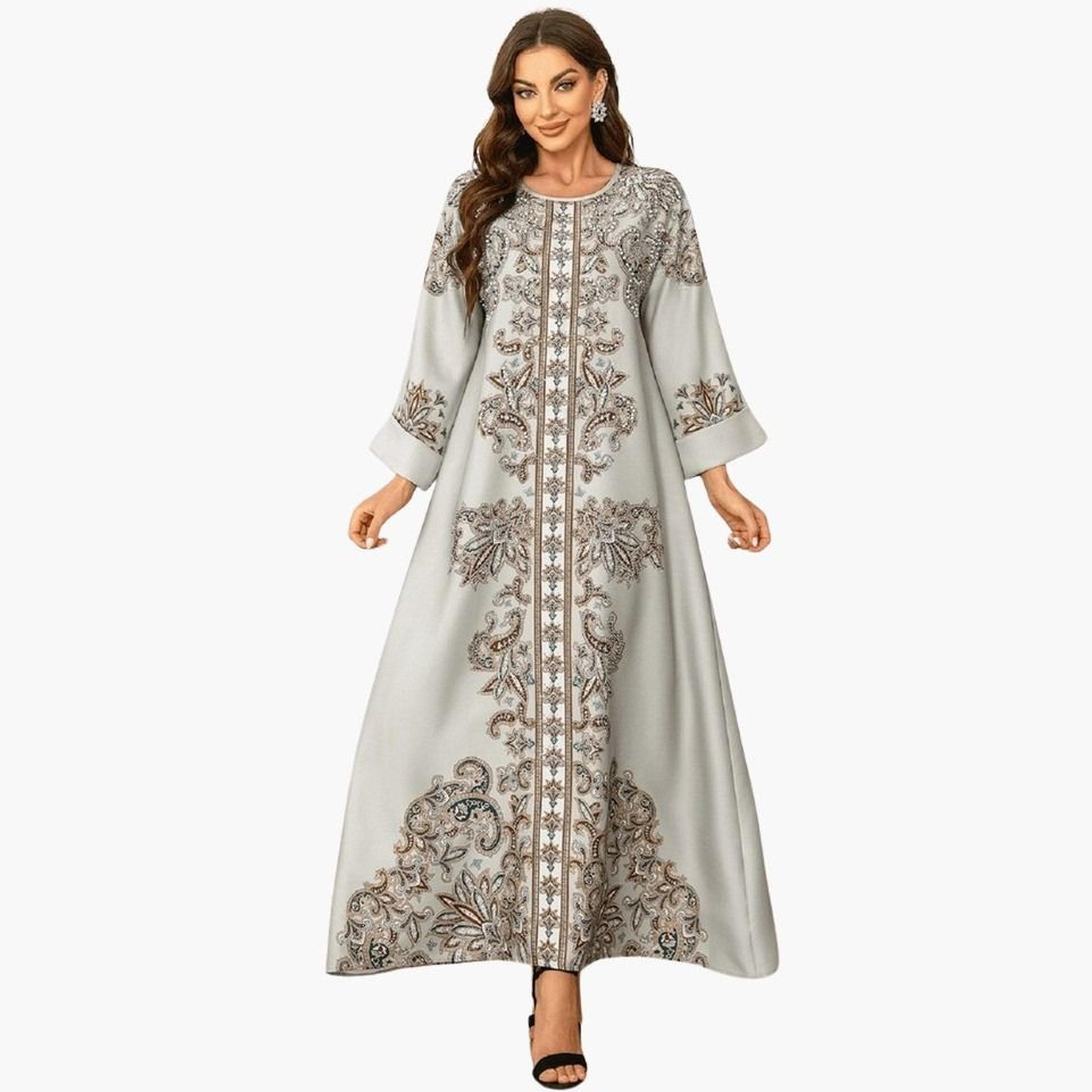 Take Two Floral Print Embellished Faux Pearl Detail Jalabiya-women-arabicclothing-jalabiyas-image-1