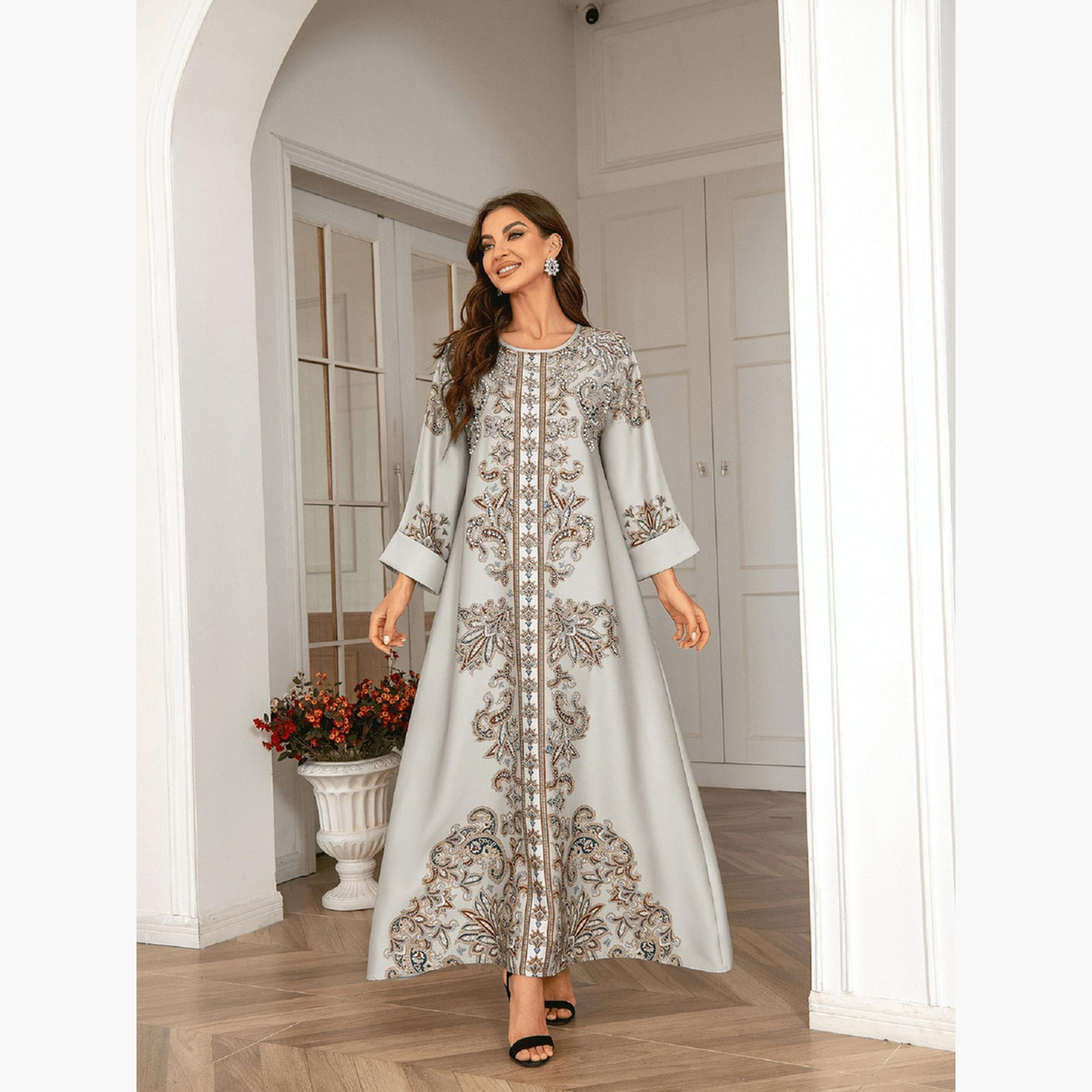 Take Two Floral Print Embellished Faux Pearl Detail Jalabiya-women-arabicclothing-jalabiyas-image-3