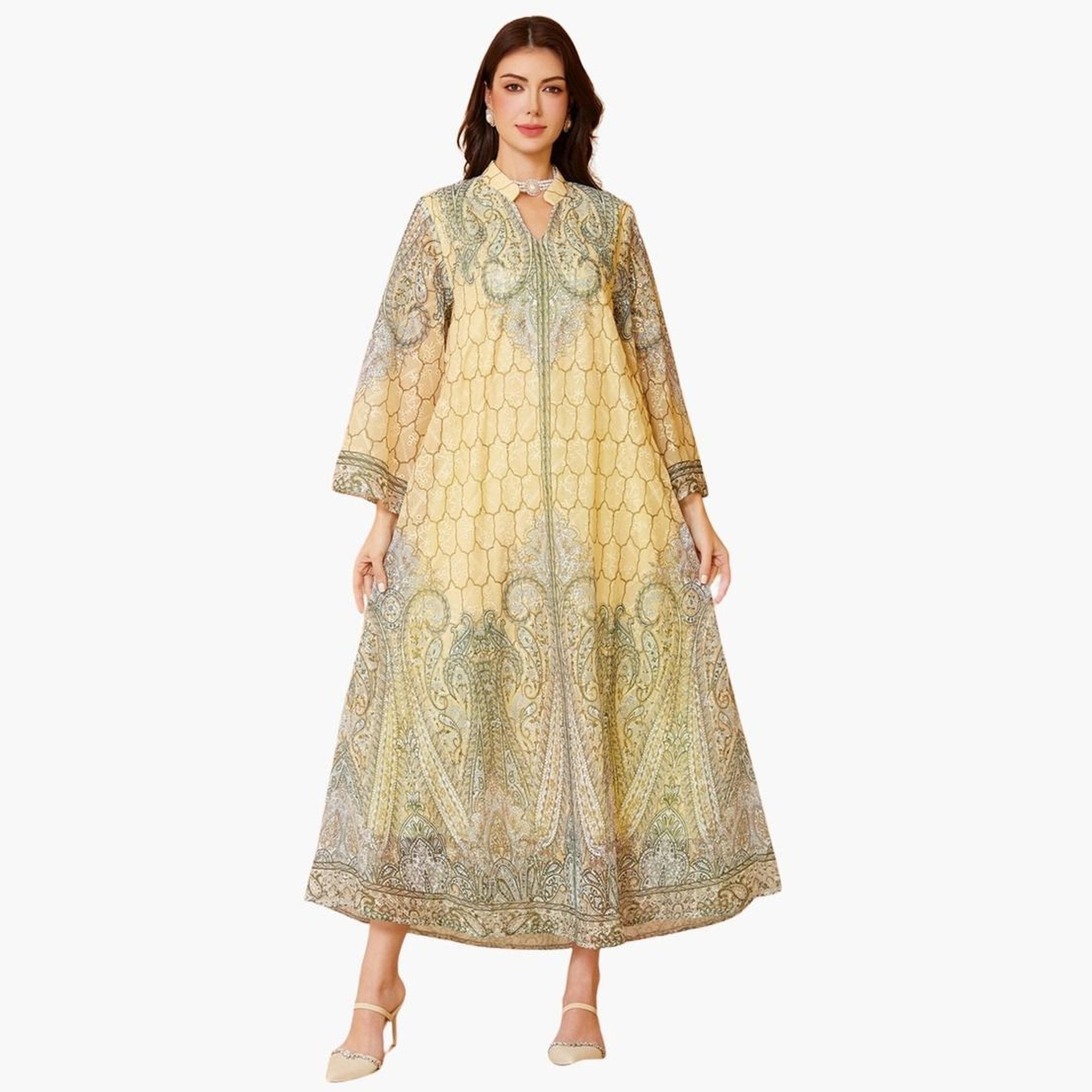تيك تو - جلابية مزخرفة بنقشة زهور على شكل حرف A-women-arabicclothing-jalabiyas-image-1