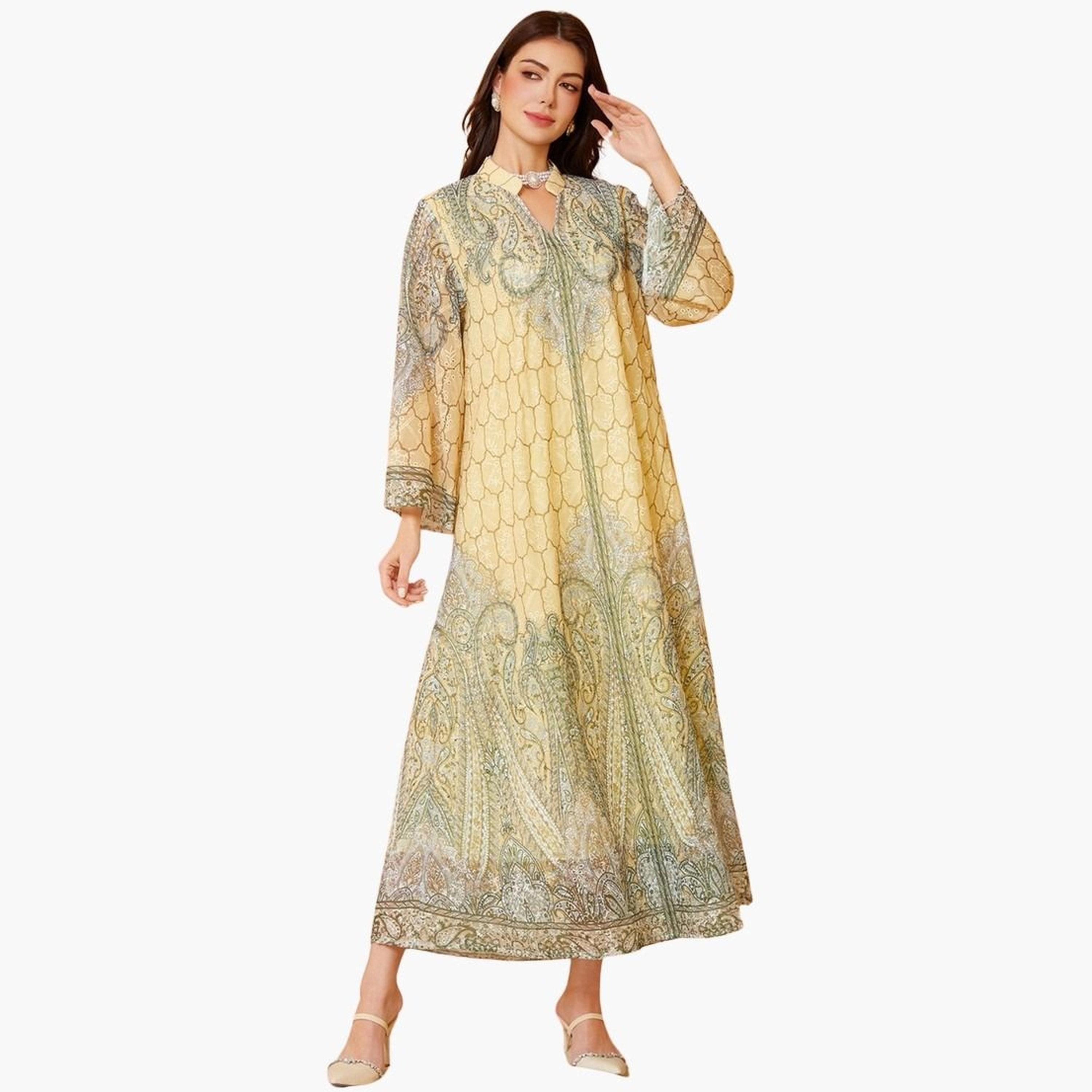 تيك تو - جلابية مزخرفة بنقشة زهور على شكل حرف A-women-arabicclothing-jalabiyas-image-3