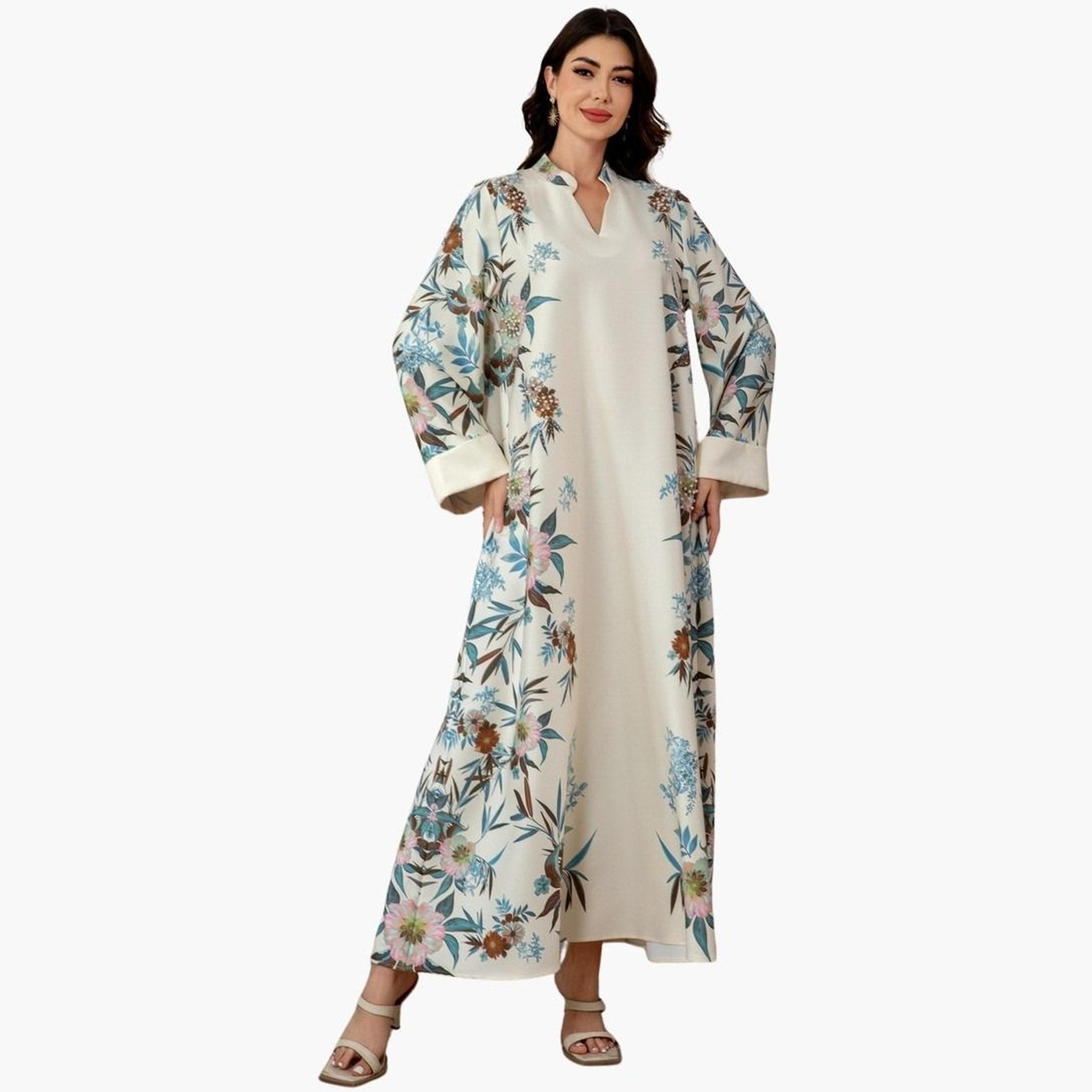 Take Two Floral Print Embellished Faux Pearl Detail Jalabiya-women-arabicclothing-jalabiyas-image-1